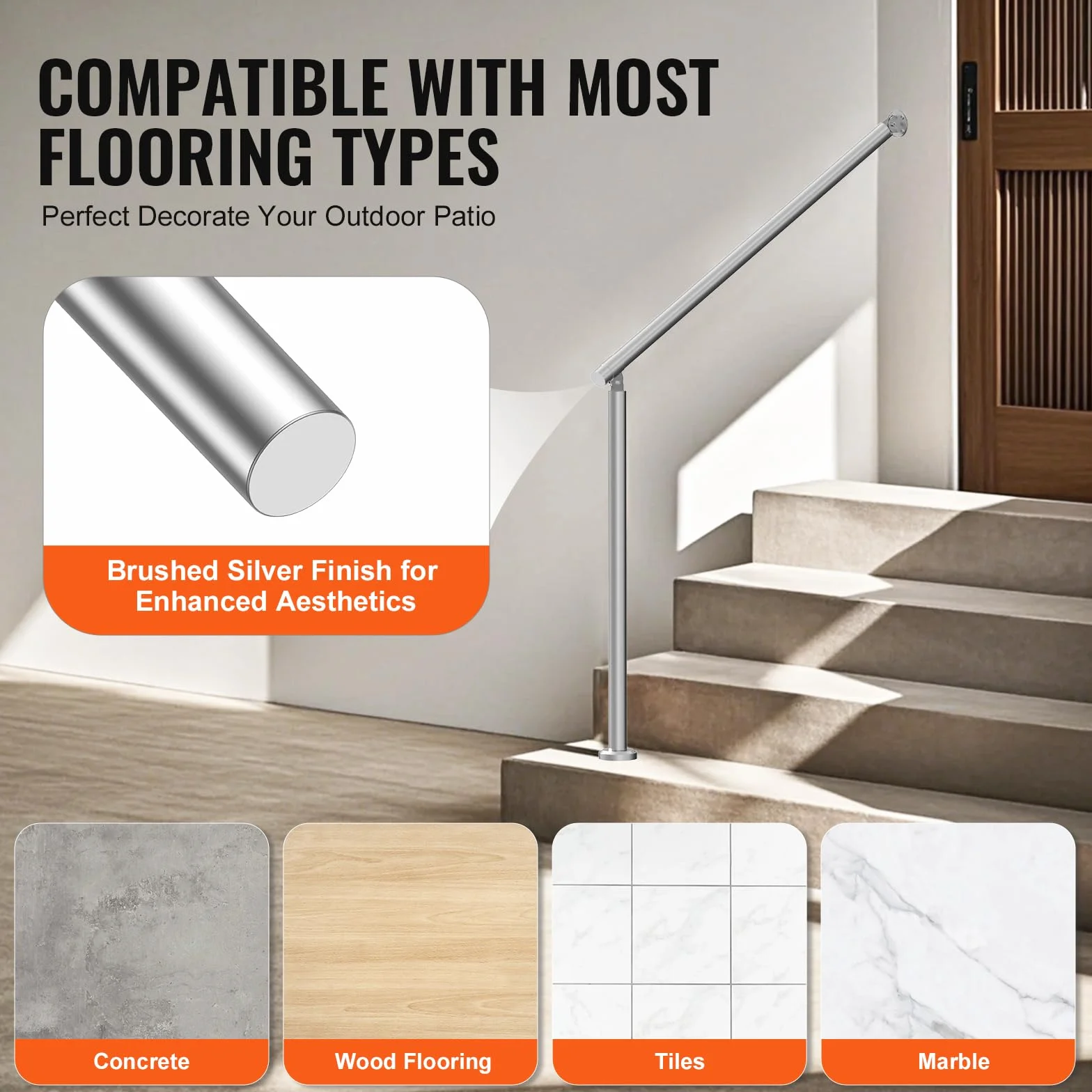VEVOR Barandilla de Escalera 100 cm Pasamanos de Escalera para Escalones Exteriores de Acero Inoxidable Montaje en Pared y Suelo con Kit de Instalación para Personas Mayores, Porche, Terraza, Plata