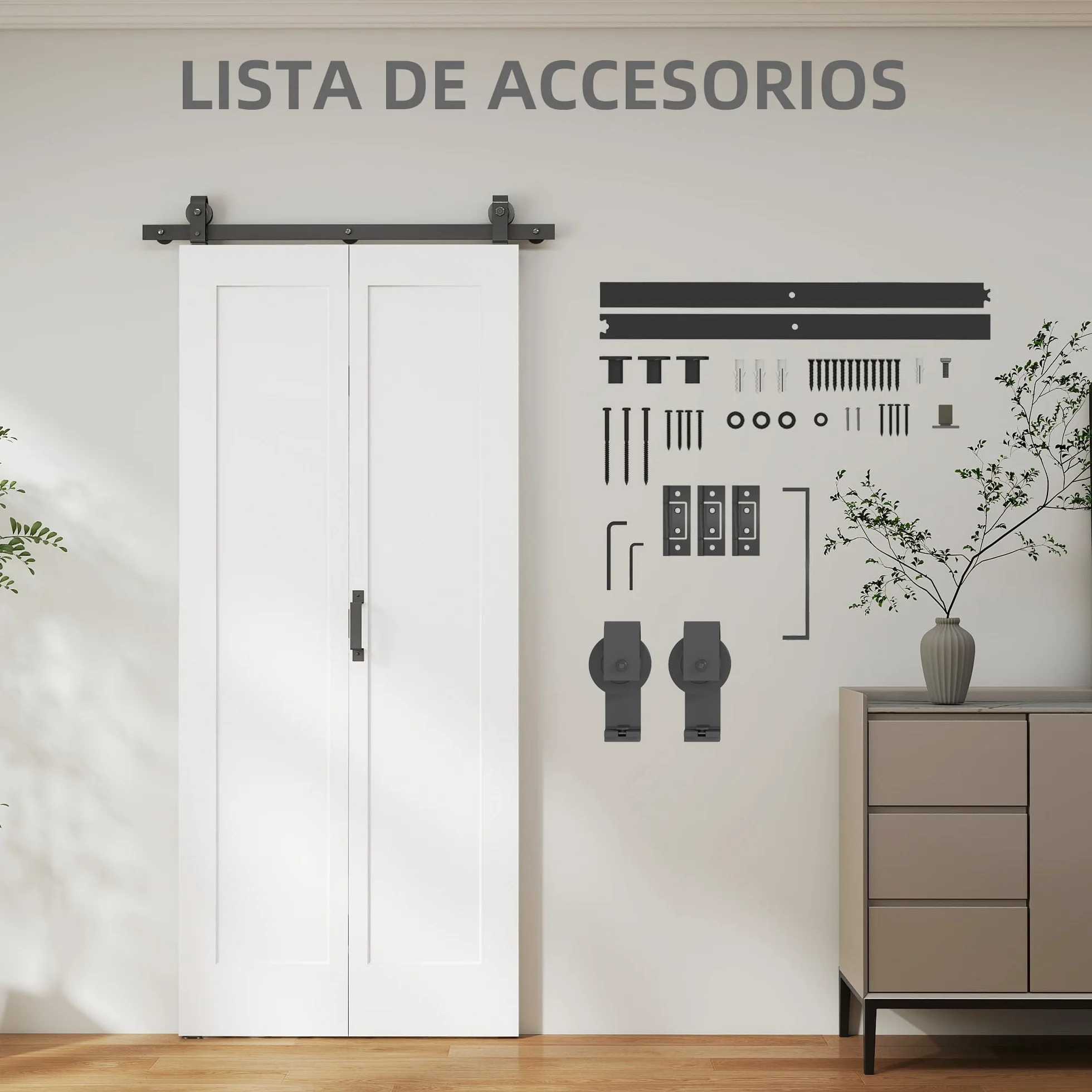 HOMCOM Puerta Corredera con Herrajes Puerta Plegable Corredera con Acabado Personalizable Tirador Fácil Montaje para Baño Salón Sala de Estar Cocina 90x210 cm Blanco