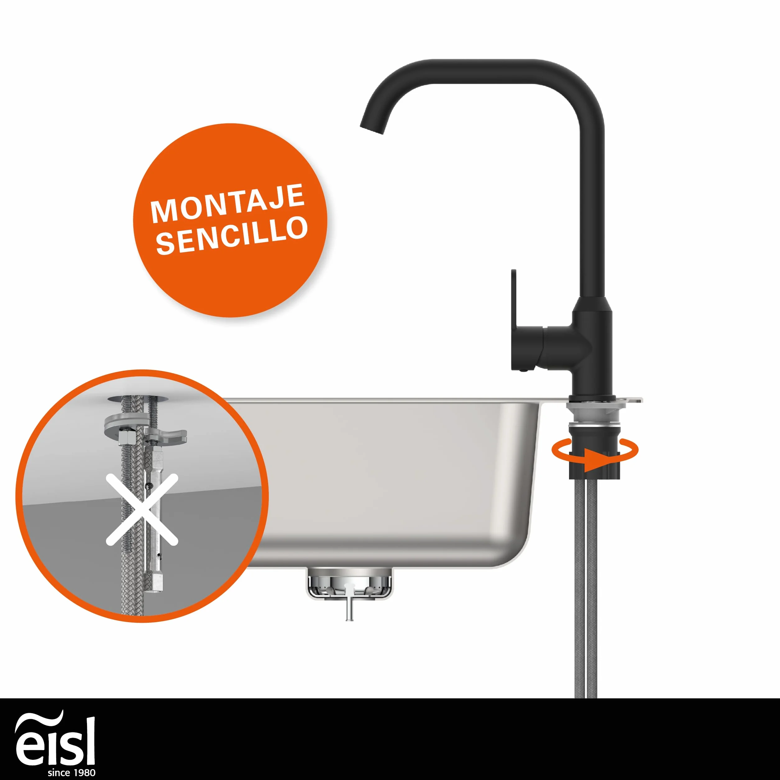 EISL Monza grifo de cocina negro, mezclador de fregadero negro giratorio 360°, mezclador de cocina negro con caño alto, grifo de cocina en negro, NI182MONB