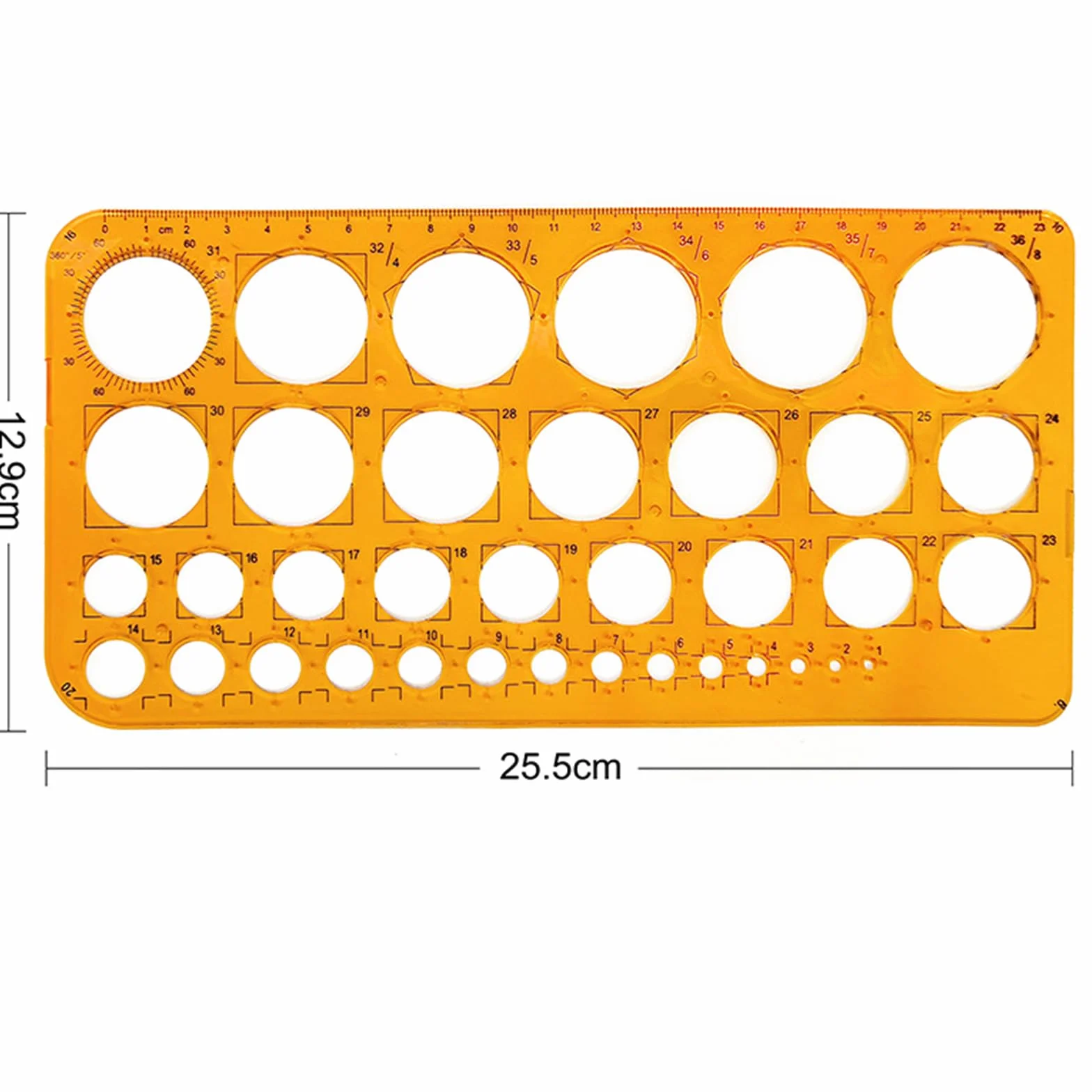 Plantilla circular de plástico, regla para dibujar con 36 círculos, naranja