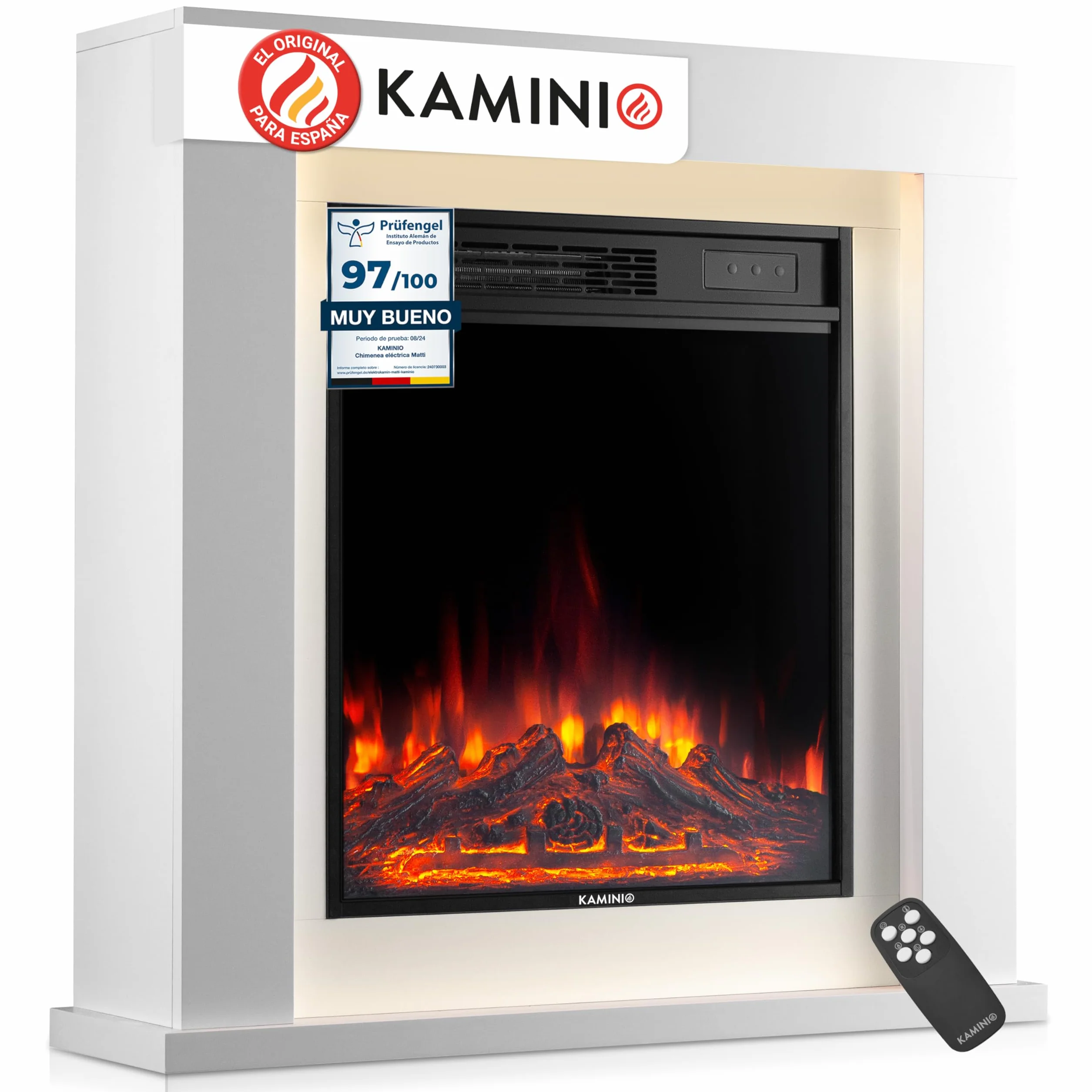 KAMINIO Chimenea eléctrica Matti - Chimenea eléctrica de pie con calefacción, Efecto de Llama 3D, Luz Ambiental LED, Control Remoto - 32 Pulgadas (Blanco)