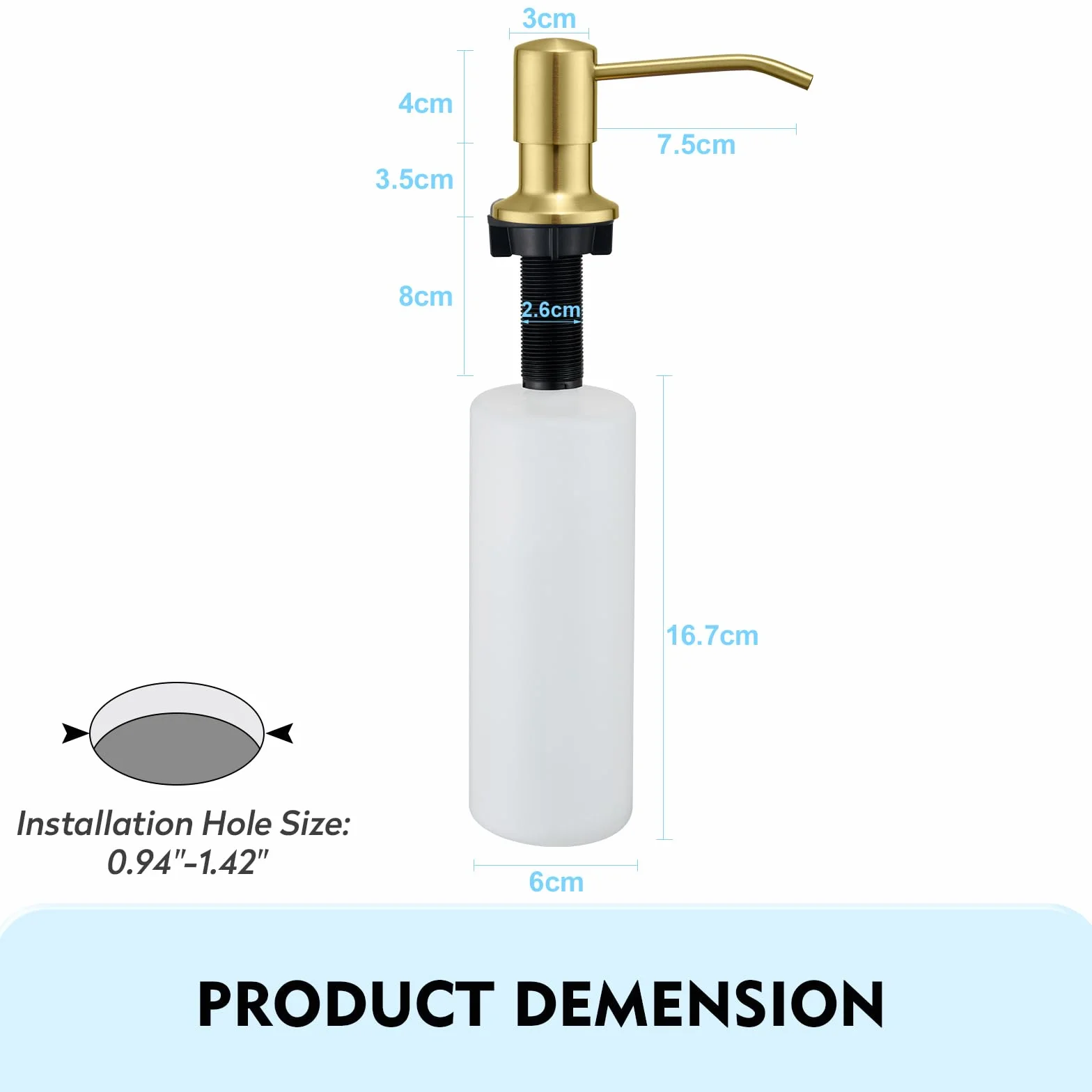 CREA Fregaderos de cocina con dispensador de jabón integrado, acero inoxidable, montaje encimera, botella 500 ml, manguera 1 m