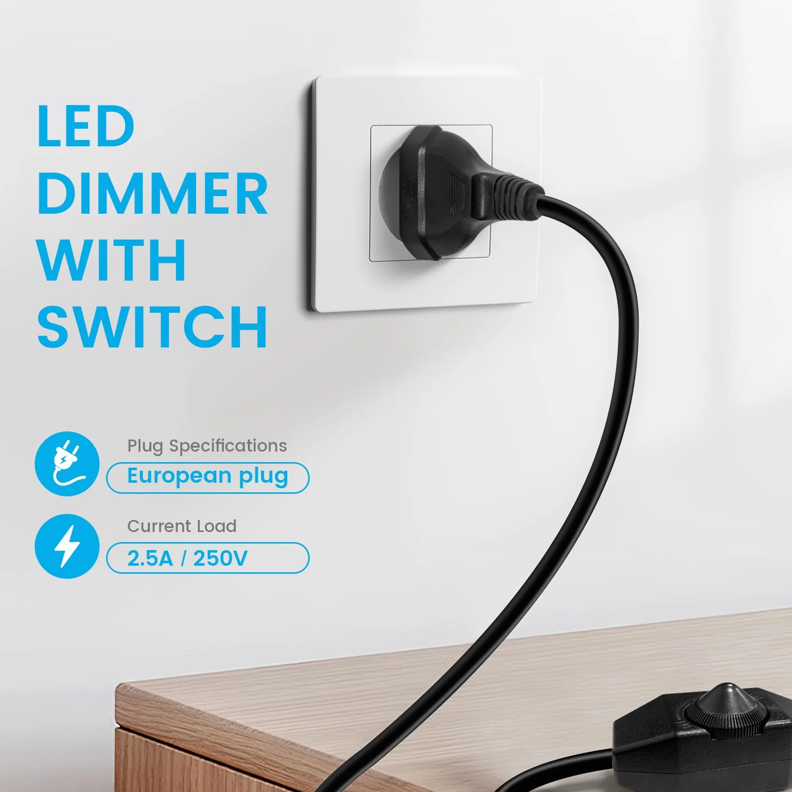 KSIBNW Regulador Intensidad LED con Interruptor, 2M Dimmer Regulador de Intensidad 220-240V Sin Niveles EURO Enchufe Cable de Alimentación Extensión Rotativo Interruptor Silencioso para Lámparas LED