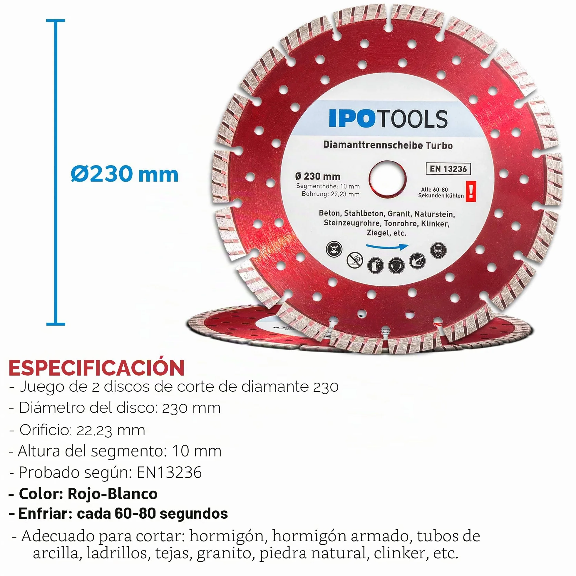 2 discos de diamante de 230 mm, turbo para hormigón, hormigón armado o piedra, corte de 10 mm