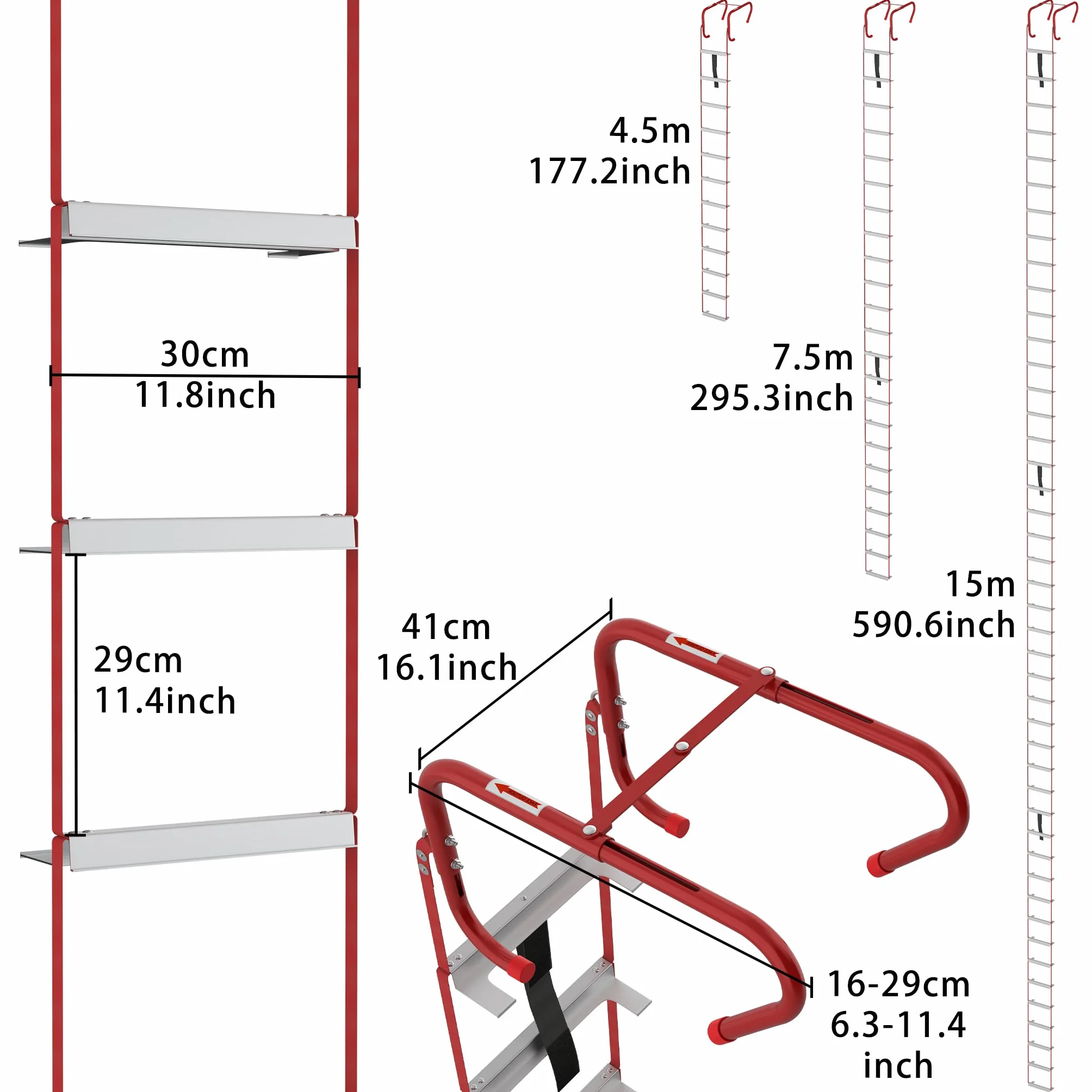 UISEBRT Escalera de emergencia ignífuga, escalera de seguridad, escalera de cuerda retráctil, adecuada para edificios de 4 pisos, balcón, ventana, capacidad de carga de hasta 450 kg (15 m/45 peldaños)