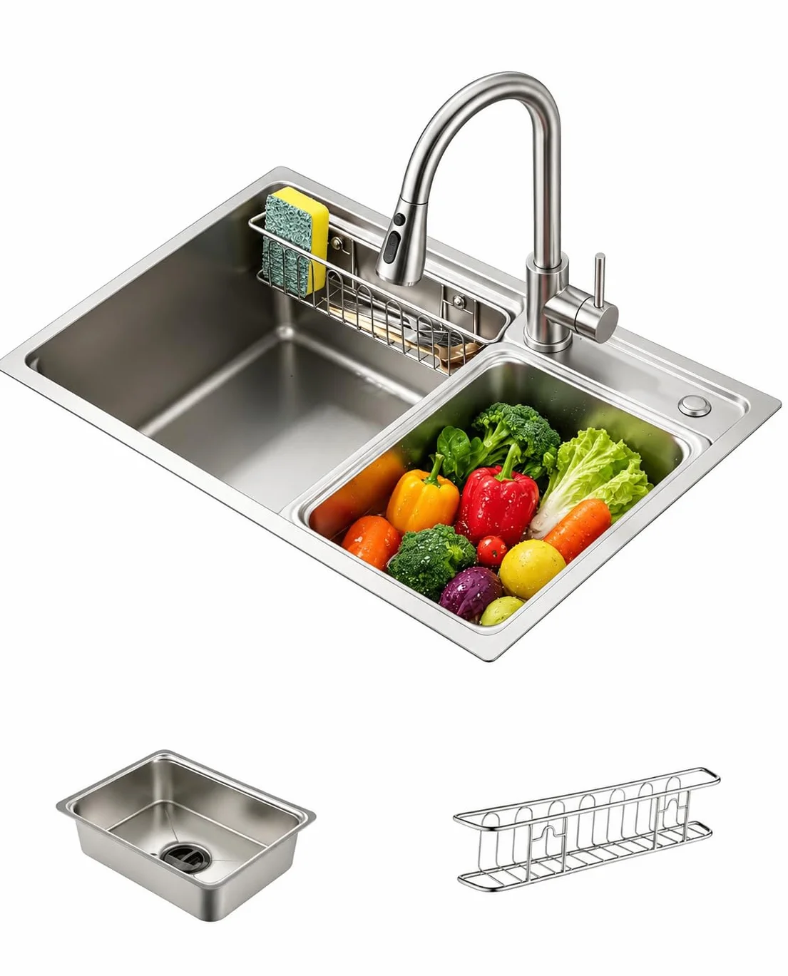 Fregadero de Cocina de Acero Inoxidable 68x46 cm, 1 Cubeta con Sifón, Desbordamiento y Accesorios de Vaciado, Fregadero Moderno Multifuncional para Encimeras > 80 cm (Plateado)