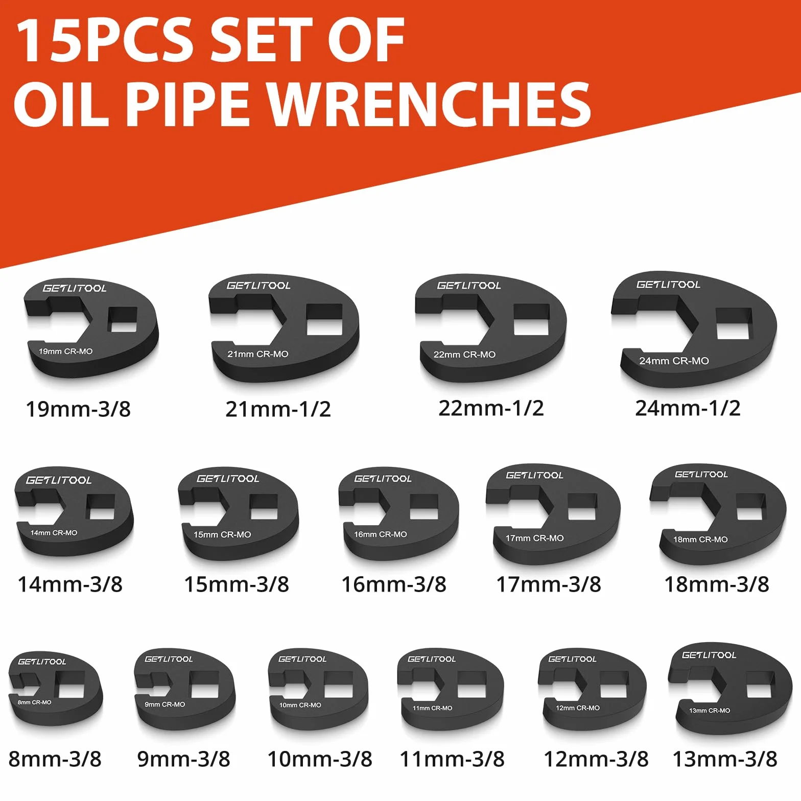 GETLITOOL Juego de 15 piezas Llaves de Boca Llaves Crowfoot 3/8" y 1/2", 8-24 mm, Cromo-Molibdeno para Trabajos Mecánicos con Estuche Fácil de Transportar