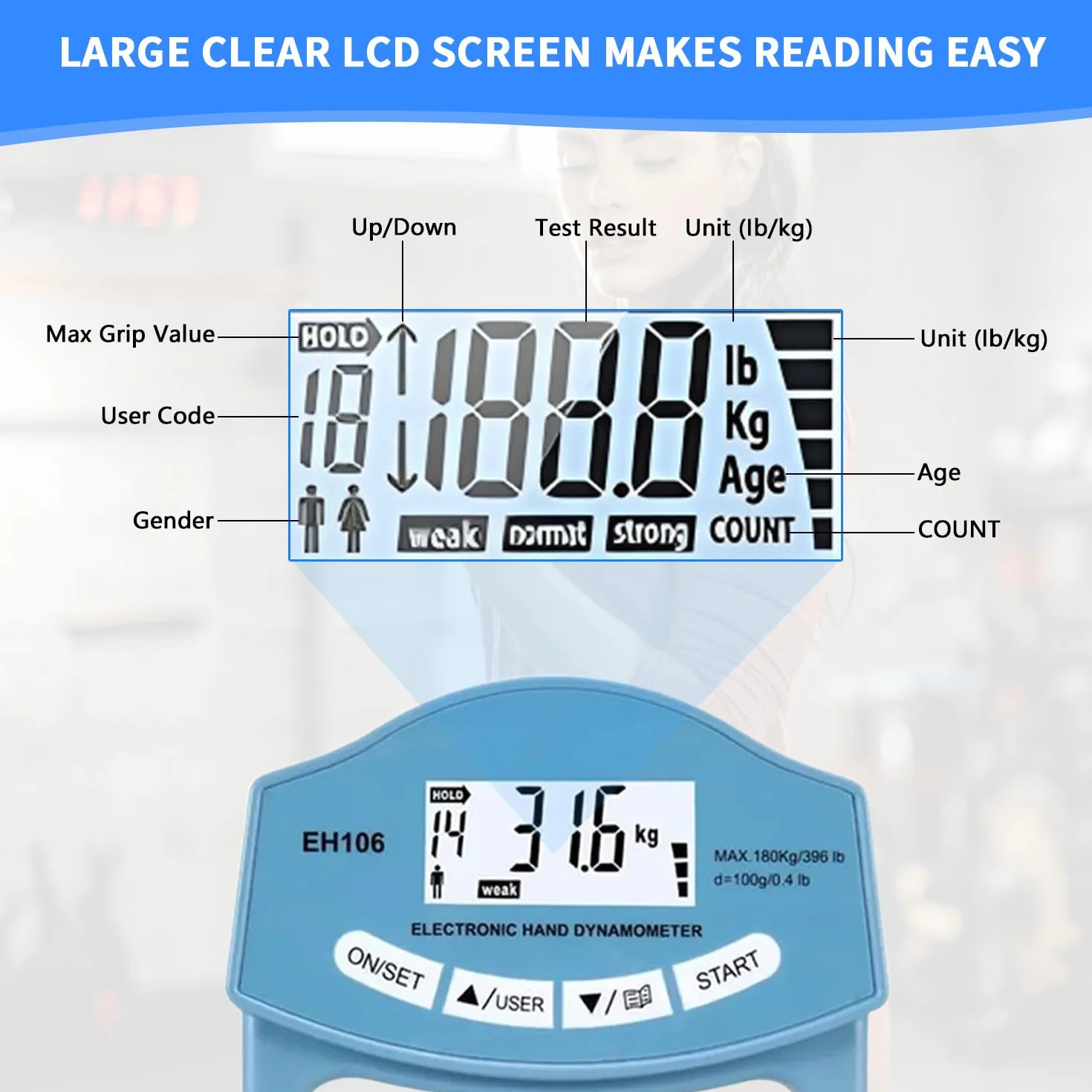 Medidor de mano digital (396 lb/180 kg, dinamómetro digital, dinamómetro electrónico, medidor de fuerza de agarre electrónico, pantalla LED, dinamómetro con cable de carga USB (EH106)