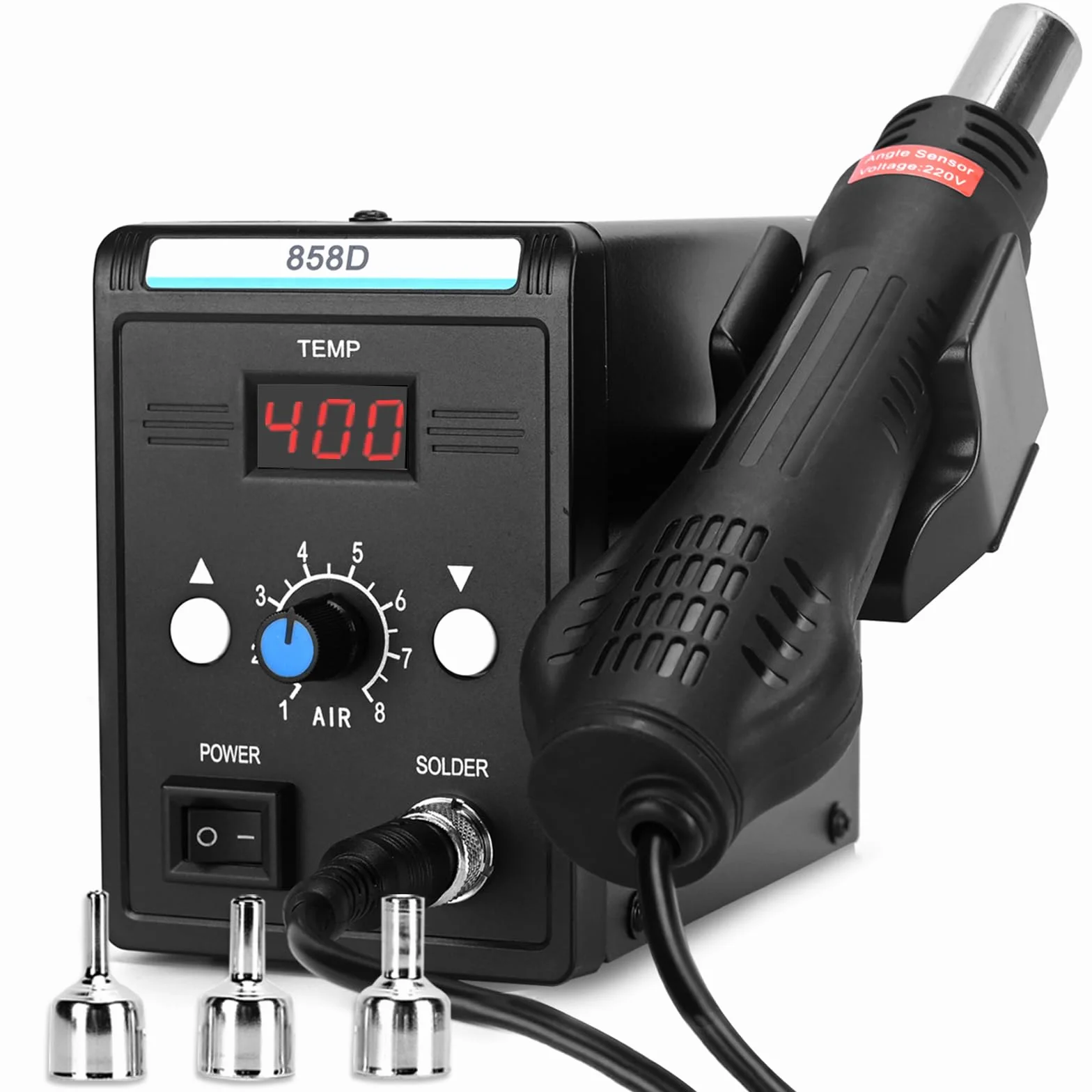 Estación de retrabajo de aire caliente con pantalla LCD, estación de soldadura de temperatura y volumen ajustable 858D, 3 boquillas de aire caliente, 700 W para soldadura y reparación SMD