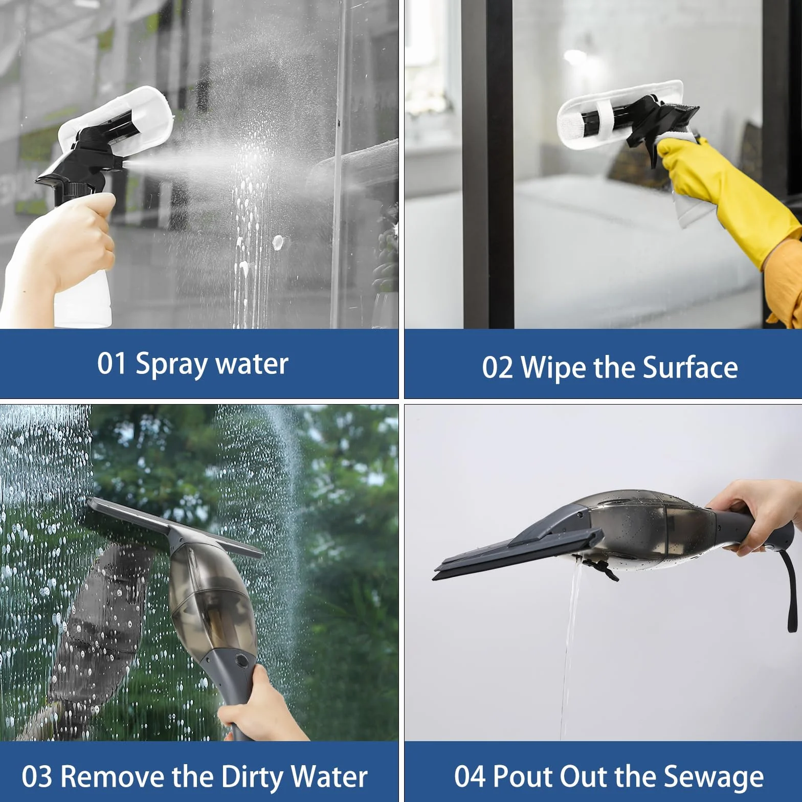 Limpiador Ventanas Eléctrico,Limpiacristales eléctrica,Aspirador Ventana con mango telescópico,boquilla succión 28 cm,botella pulverizadora con funda microfibra para limpieza sin rayas 360° (Negro)