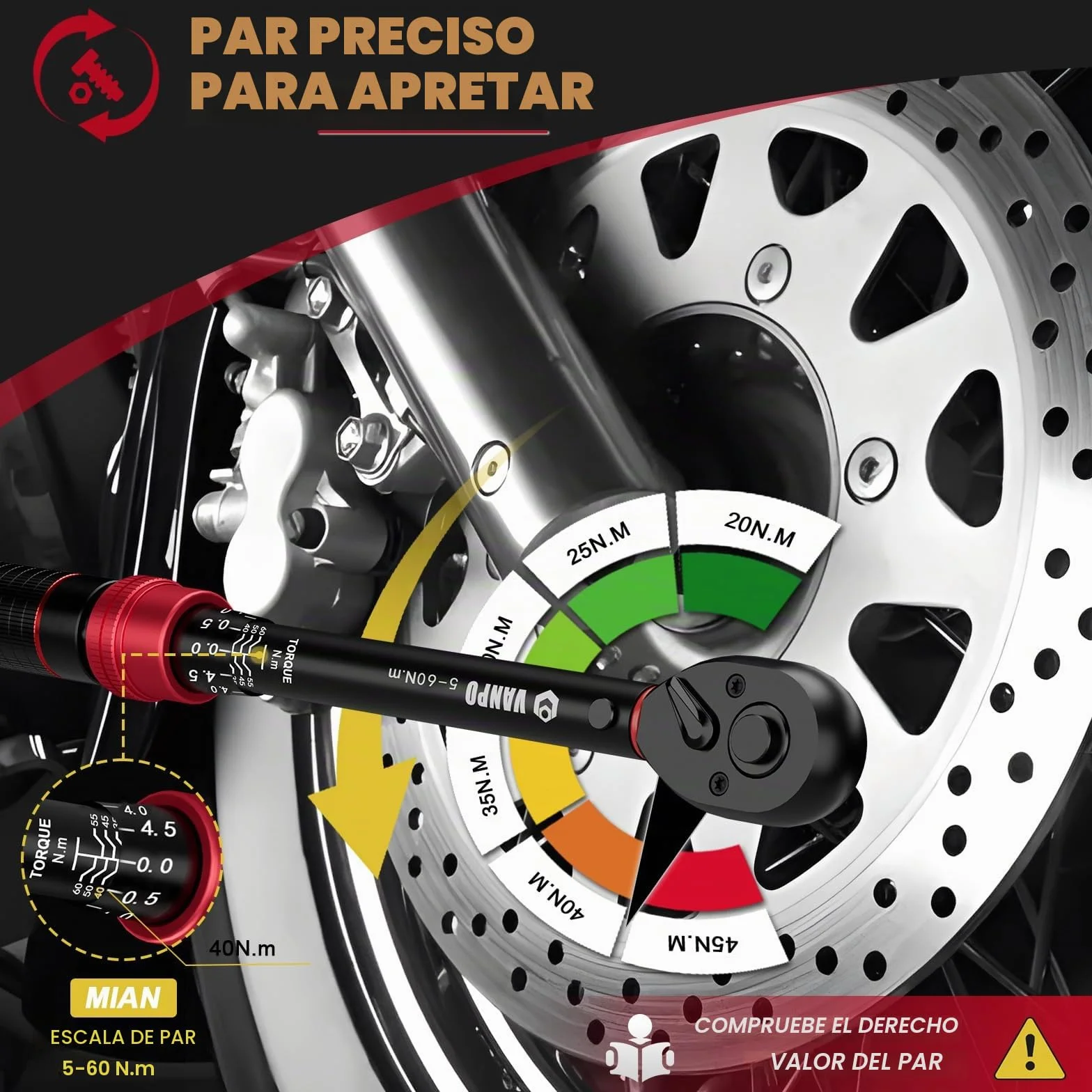 VANPO 3/8" Llave Dinamométrica 5-60Nm, 72 Dientes Bicicleta y Moto Llave Dinamométrica Set 3 Piezas con Barra de Extensión de 125cm, 3/8"-1/4" Adaptador, para Reemplazo de Bujía