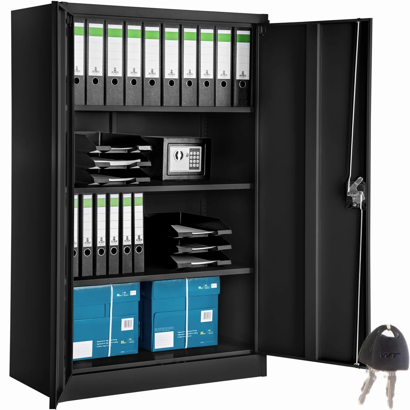Armario Archivador con Cierre de Seguridad 4 Alturas Cajones Ajustables Mueble Oficina Acero 140x40x90cm Negro