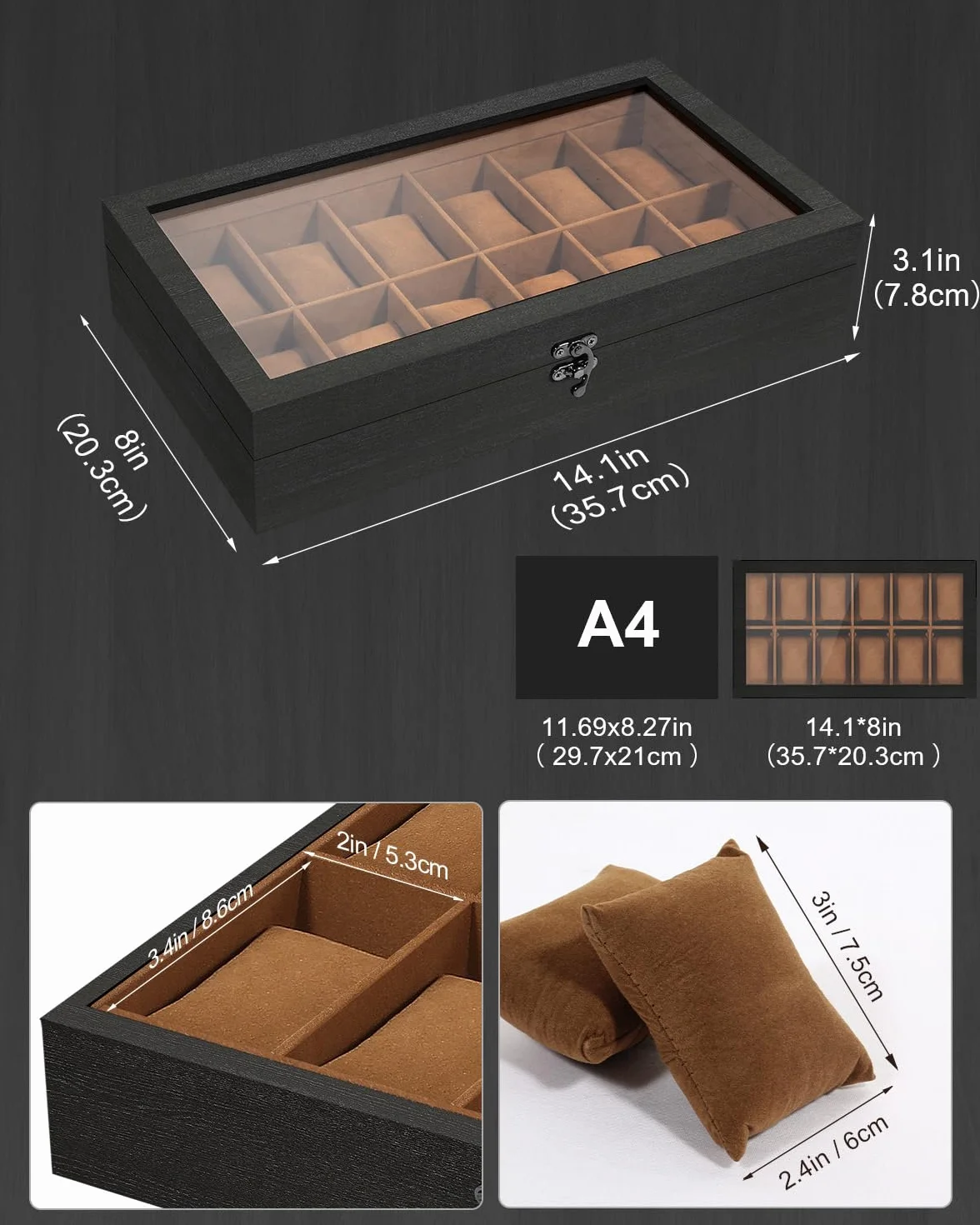 Uten Caja de Relojes con 12 Compartimentos, Caja para Reloje Madera, Tapa de Vidrio y Almohada Algodón Seda, Forro Marrón, para Exhibición y Almacenamiento de Relojes Joyería, Regalo Ideal
