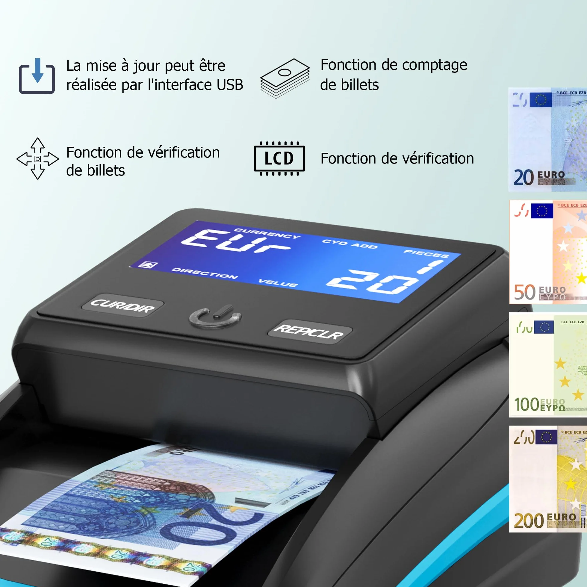 Detector de billetes falsos Euro con batería recargable automático para varias monedas Azul