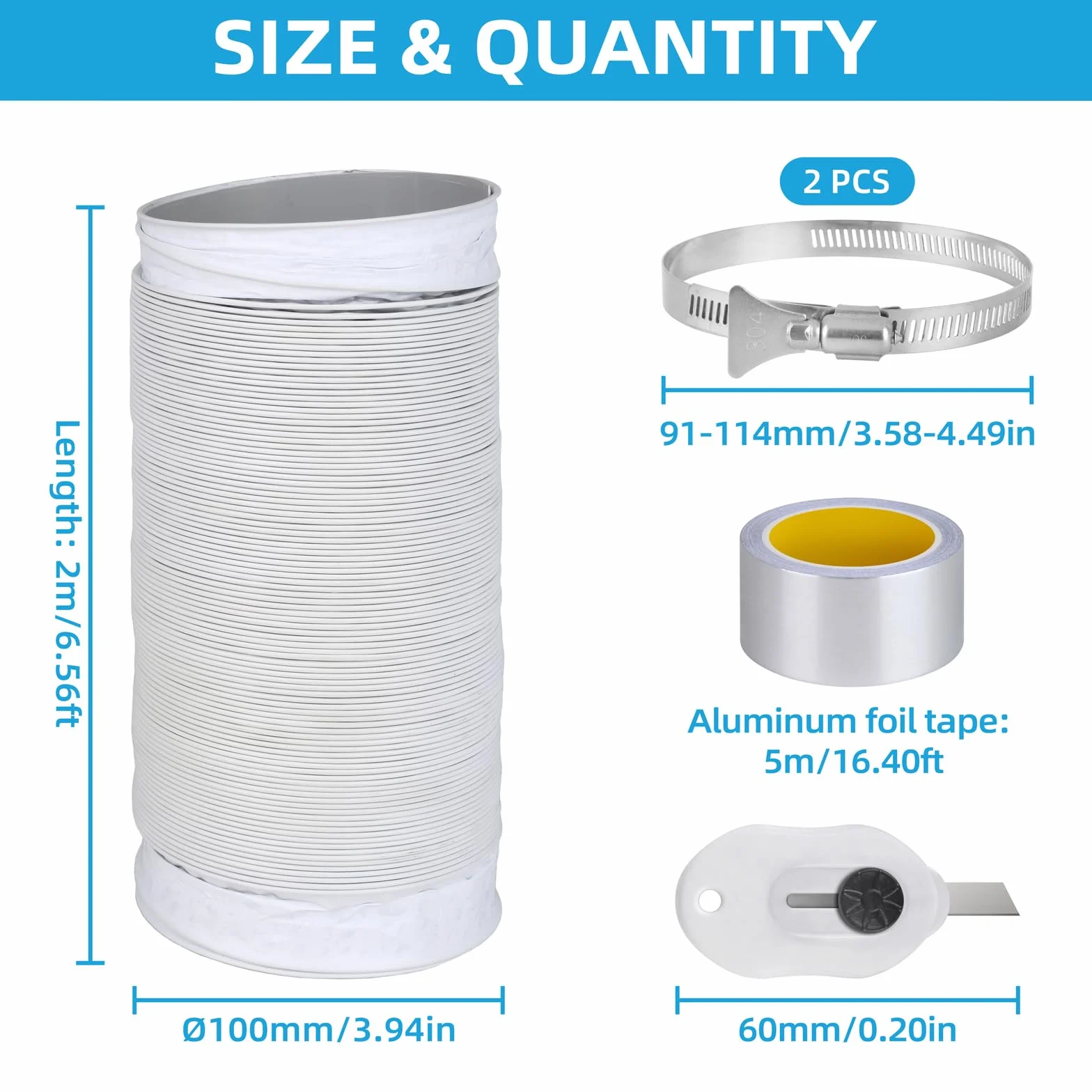Tubo Flexible Campana Extractora de 100mm: 2m Manguera de Ventilación de Aluminio y PVC, Tubo Flexible de Salida de Aire con 2 Abrazaderas de Acero Inoxidable para Climatización Secadora (Blanco)