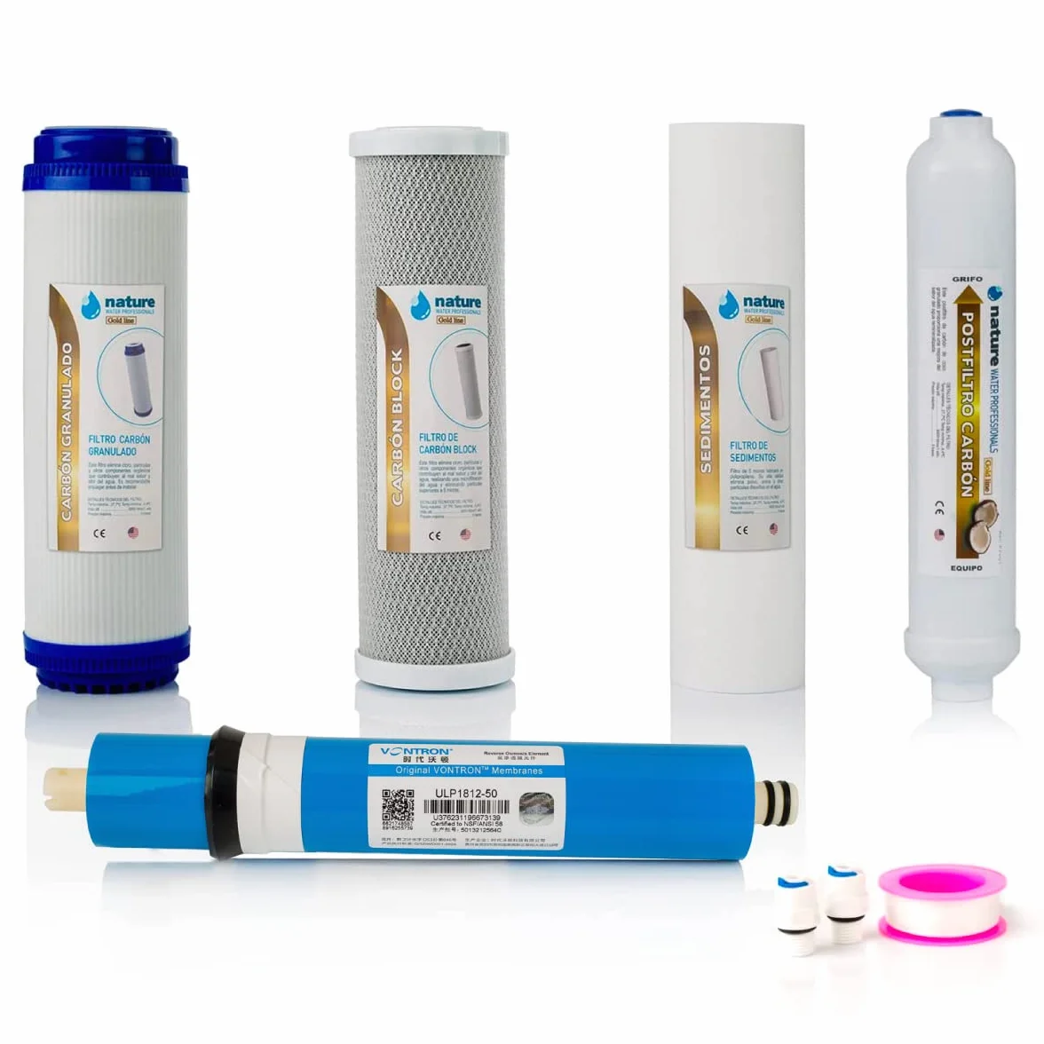 Kit de 4 Filtros Universales para Osmosis Inversa - Incluye Membrana Vontron y Rollo de Teflón - Ideal para Equipo de 5 Etapas Universal - 50GPD - Nature Water Professionals