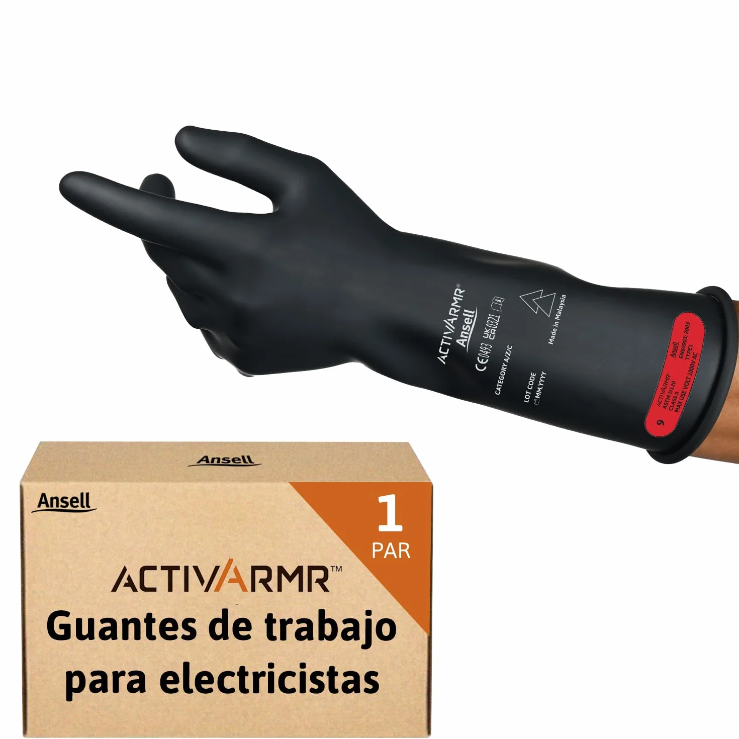 Ansell ActivArmr Guantes Aislantes Dieléctricos, Protección Eléctrica Class 0, Tensión 1000V, Trabajos con Electricidad, Látex de Caucho Natural, 36 cm, Negro, Talla XL, 1 Par