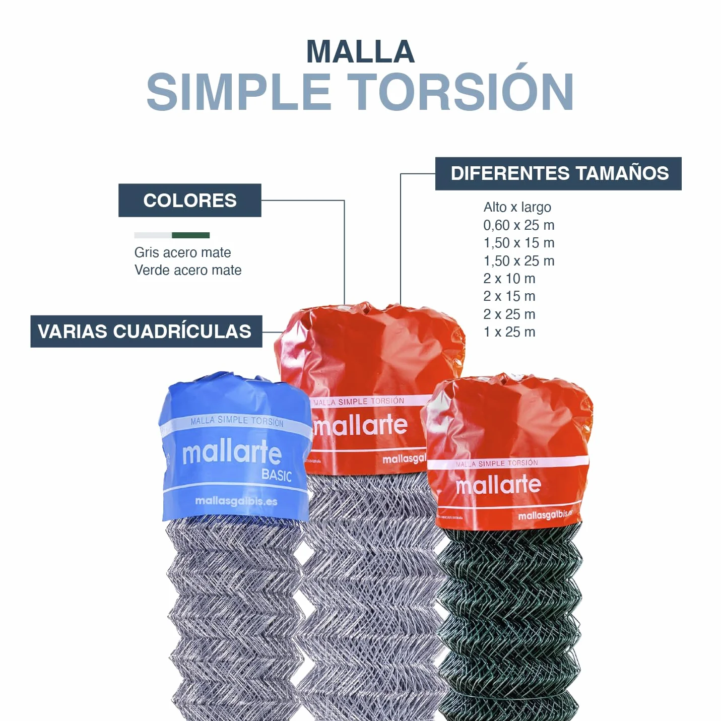 Malla Simple Torsion Mallarte 50/14/150 | Rollo de: 15m | Color: Gris | Diámetro: 2.05mm