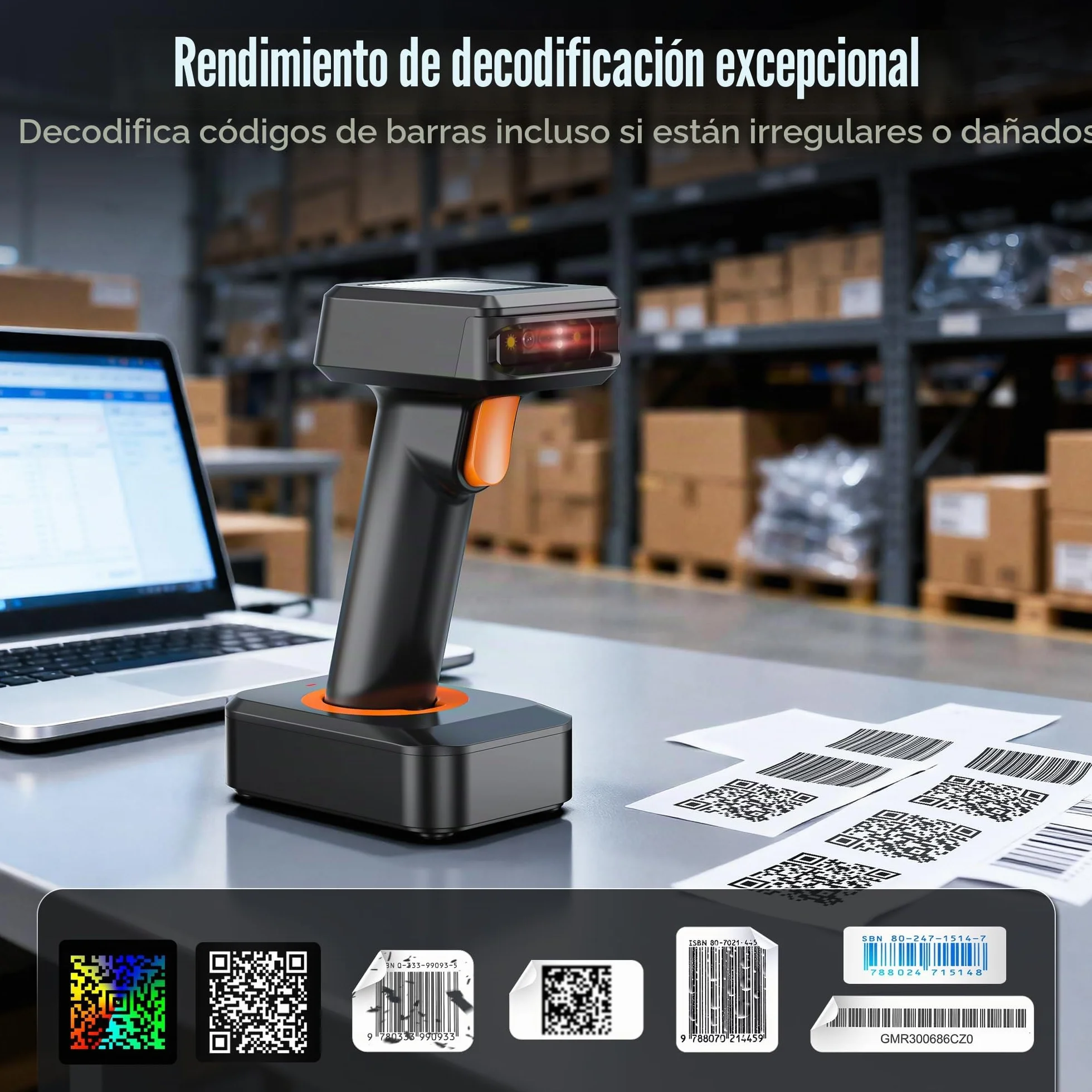 Tera Escáner de Código de Barras Inalámbrico 1D 2D Bluetooth con Base de Cargador y Cable USB
