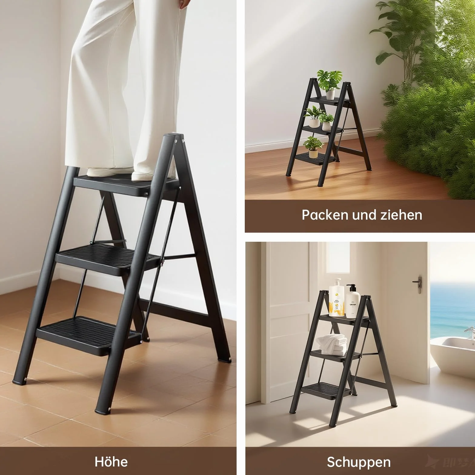 Escalera plegable en 3 peldaños, portátil, capacidad de 250 kg, con pedal ancho antideslizante, para el hogar, cocina, oficina, garaje