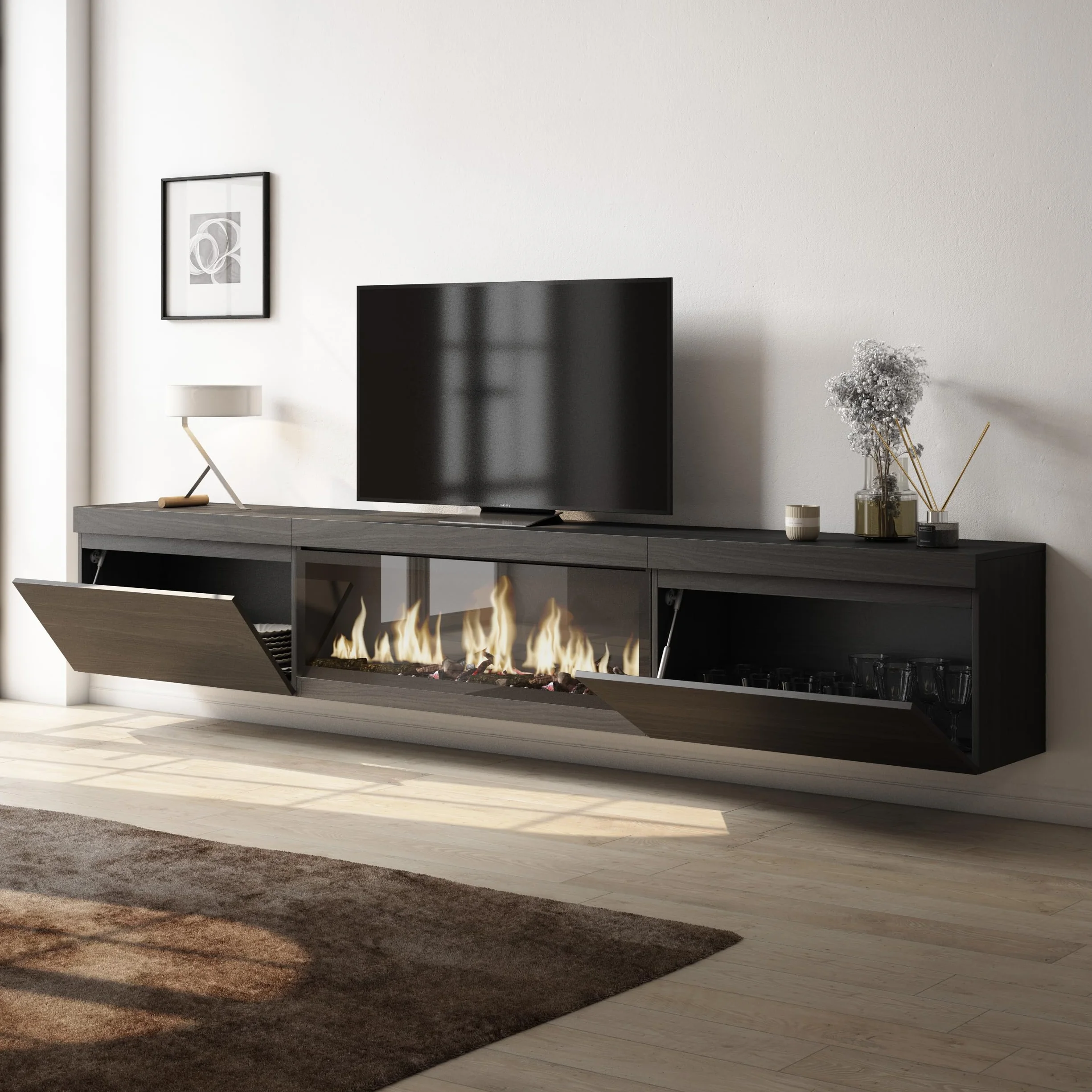 Mueble TV 267x45x35 cm Negro Estilo Moderno para TV Gran Formato