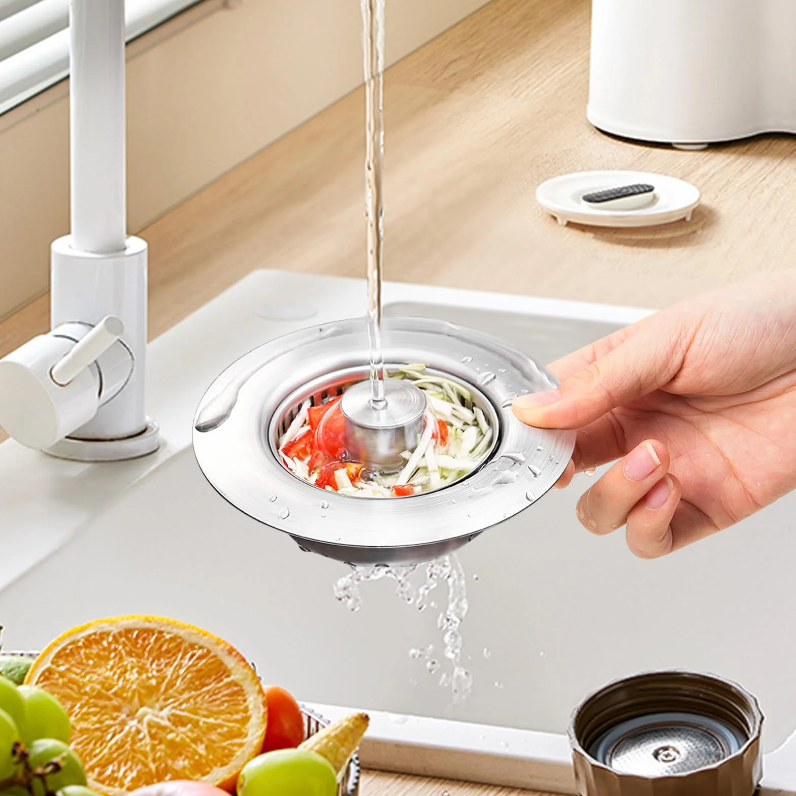 Tapon Fregadero Cocina Acero Inoxidable 3 en 1, Cesta Universal con Filtro, Orificio 75-86 mm