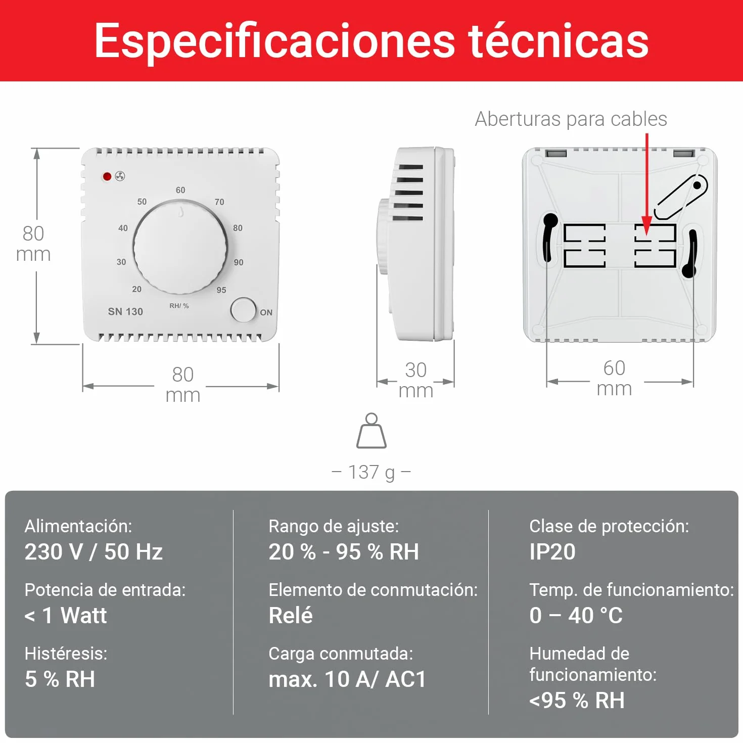 Sensor de humedad ELEKTROBOCK SN130 para el control automático del ventilador | baño, lavandería y sótano | detección y eliminación de humedad excesiva