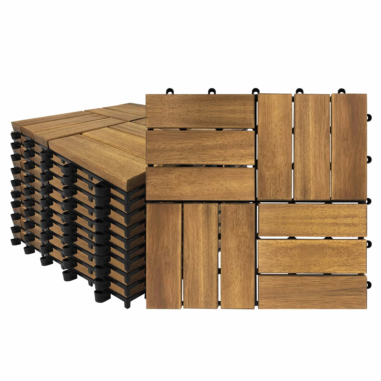 XMTECH Baldosas de madera de 1 m² con clic, de madera de acacia, azulejos de balcón, juego de 11 unidades, 30 x 30 cm, con sistema de drenaje y sistema de clic (modelo B)