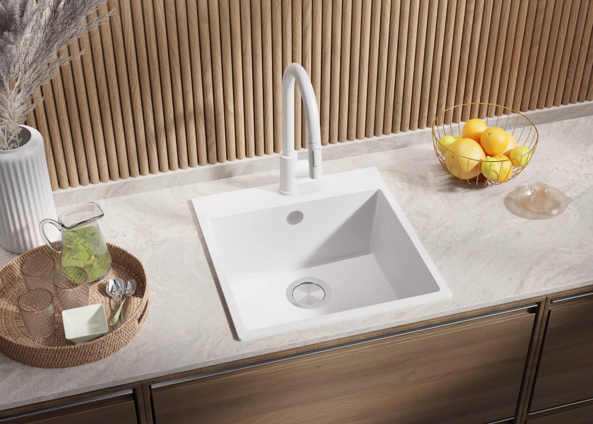 PRIMAGRAN Fregadero Granito Blanco 48x50cm, Cocina 1 Seno + Grifo 32x20cm + Sifón, Sobre Encimera al Mueble 50cm - Riga S227