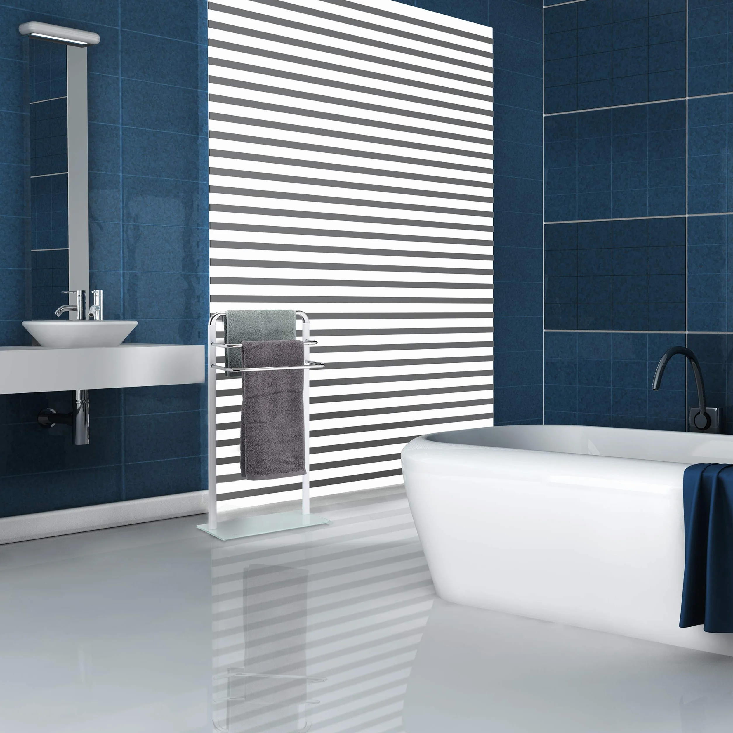 Relaxdays Toallero de Pie con 3 Barras, Metal Cromado-Cristal Esmerilado, Blanco-Plateado, 80x45x20 cm