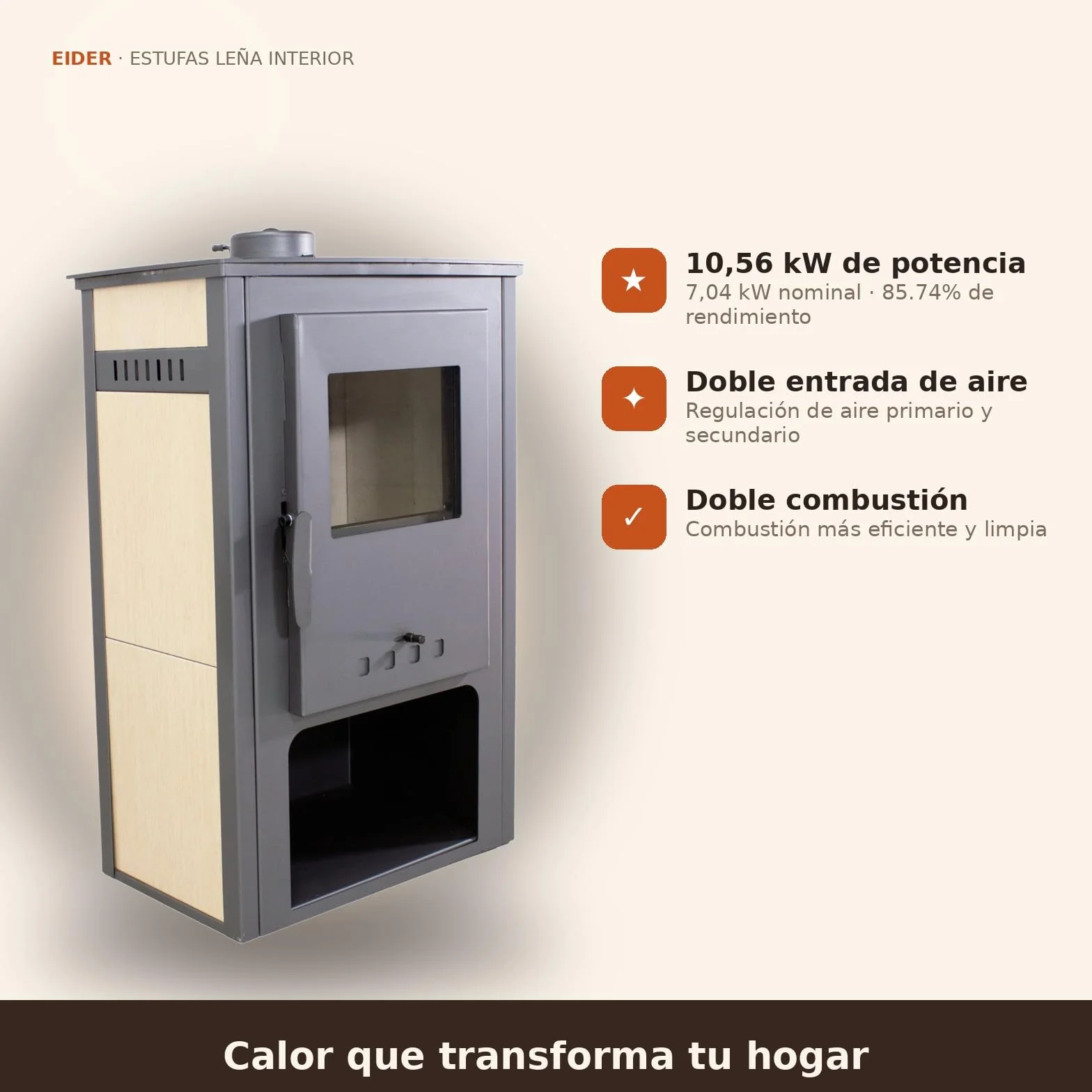 EIDER BIOMASA Estufa de Leña SAMIRA – 10,56 kW – Rendimiento 85,74% – Hasta 145.0 m³ – Doble Combustión – Certificada CE