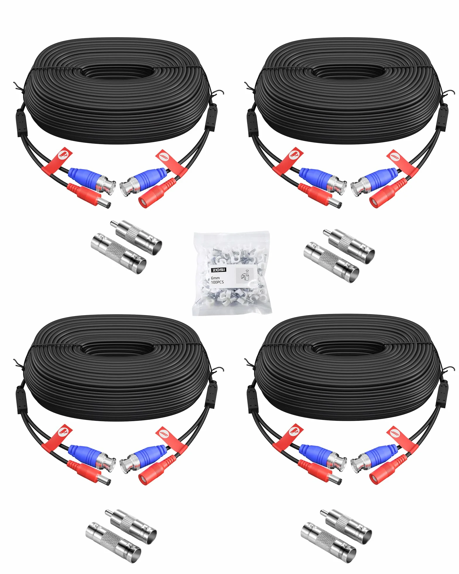ZOSI Cable de Video y Alimentación 30 M /100 Pies BNC Extensión para CCTV Kit Cámaras Vigilancia Seguridad DVR de 960H/720P/960P/1080P (4 Pack Negro)