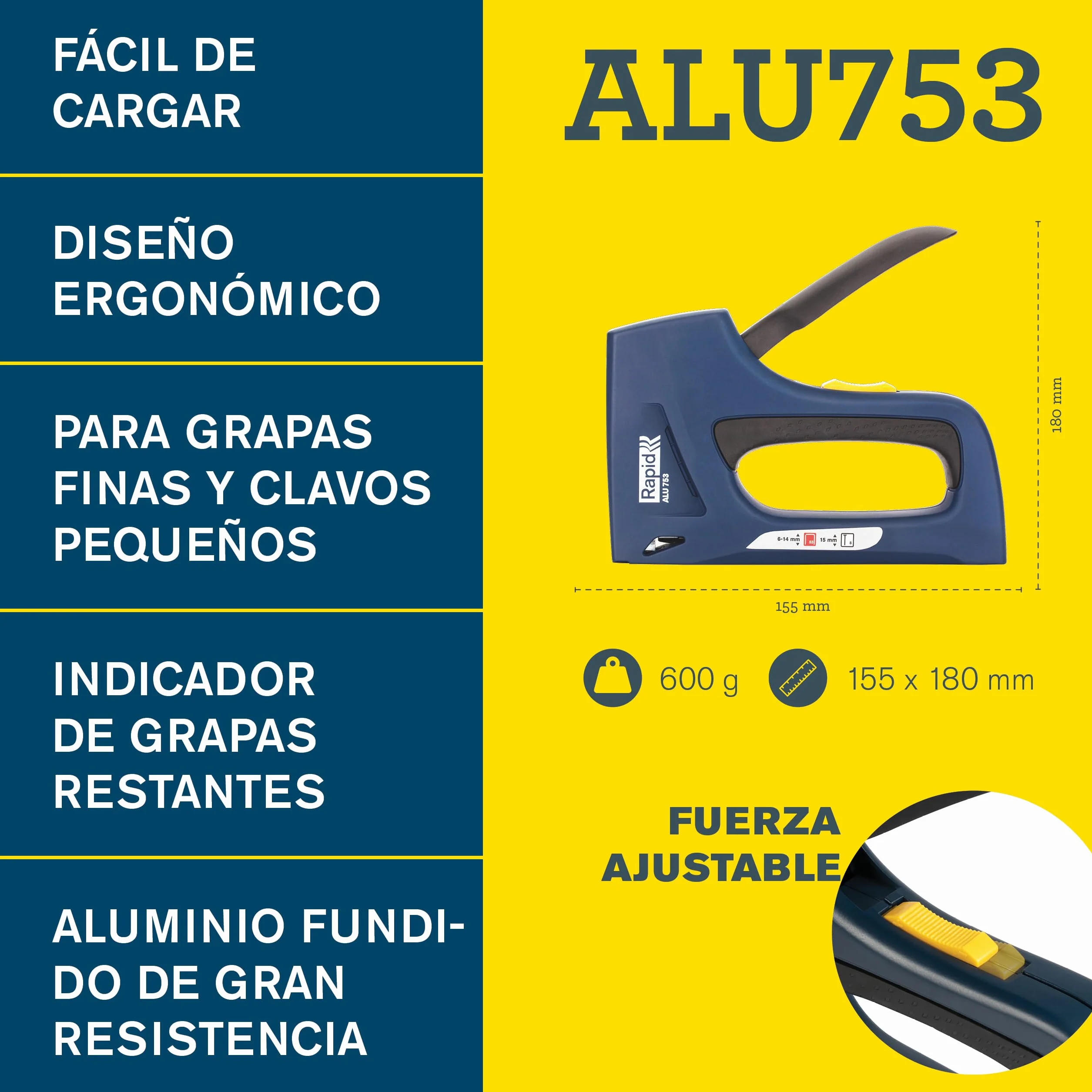 Rapid Grapadora Dual Profesional ALU753 para Grapas No. 53 y Clavos No. 8, Grapadora Manual con Regulador de Esfuerzo de 2 Posiciones, Mango Ergonómico y Mecanismo Interno Metálico (5001677)