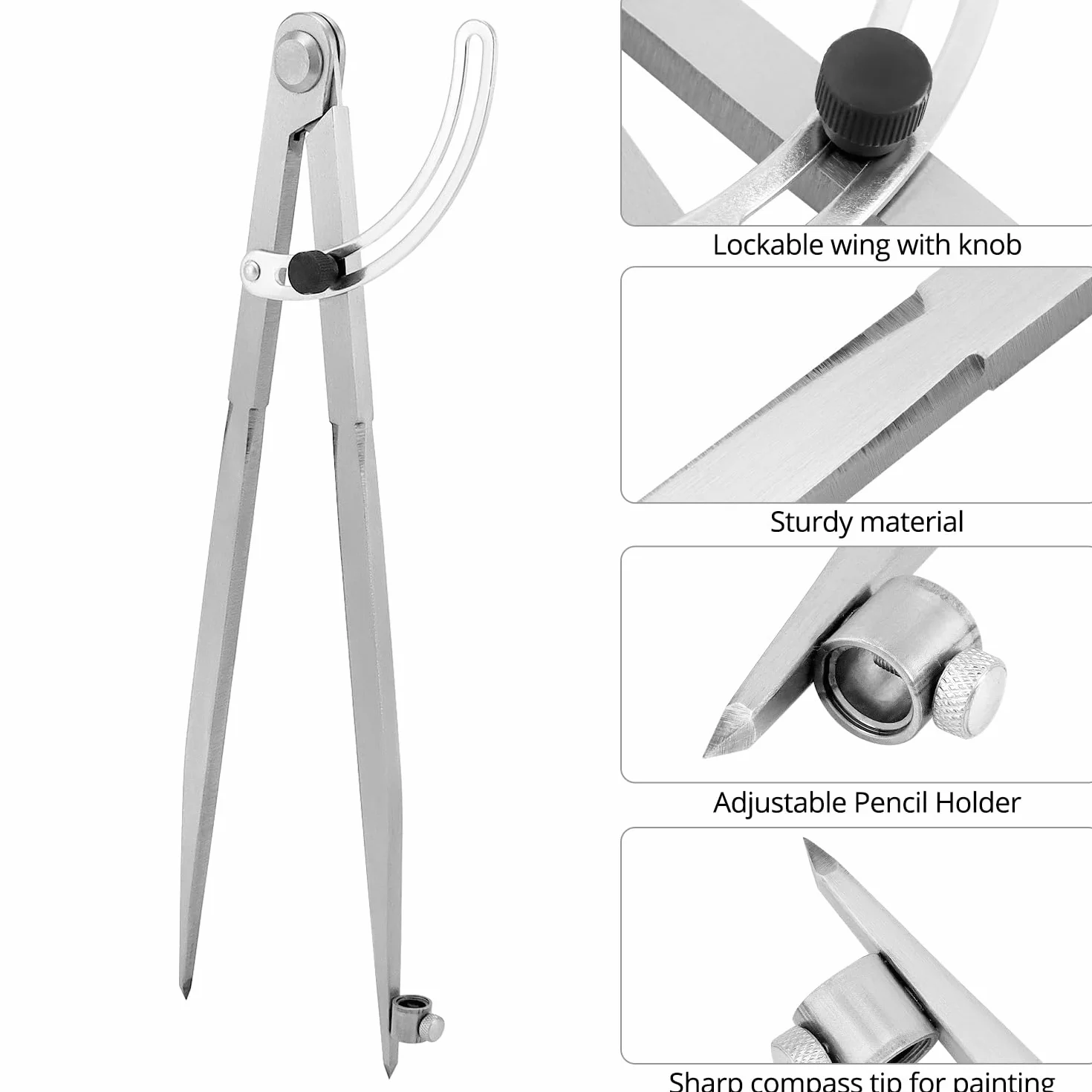 Compás ajustable 300 mm, brújula de marcado con ala de bloqueo, portalápices, para carpintería y metalurgia