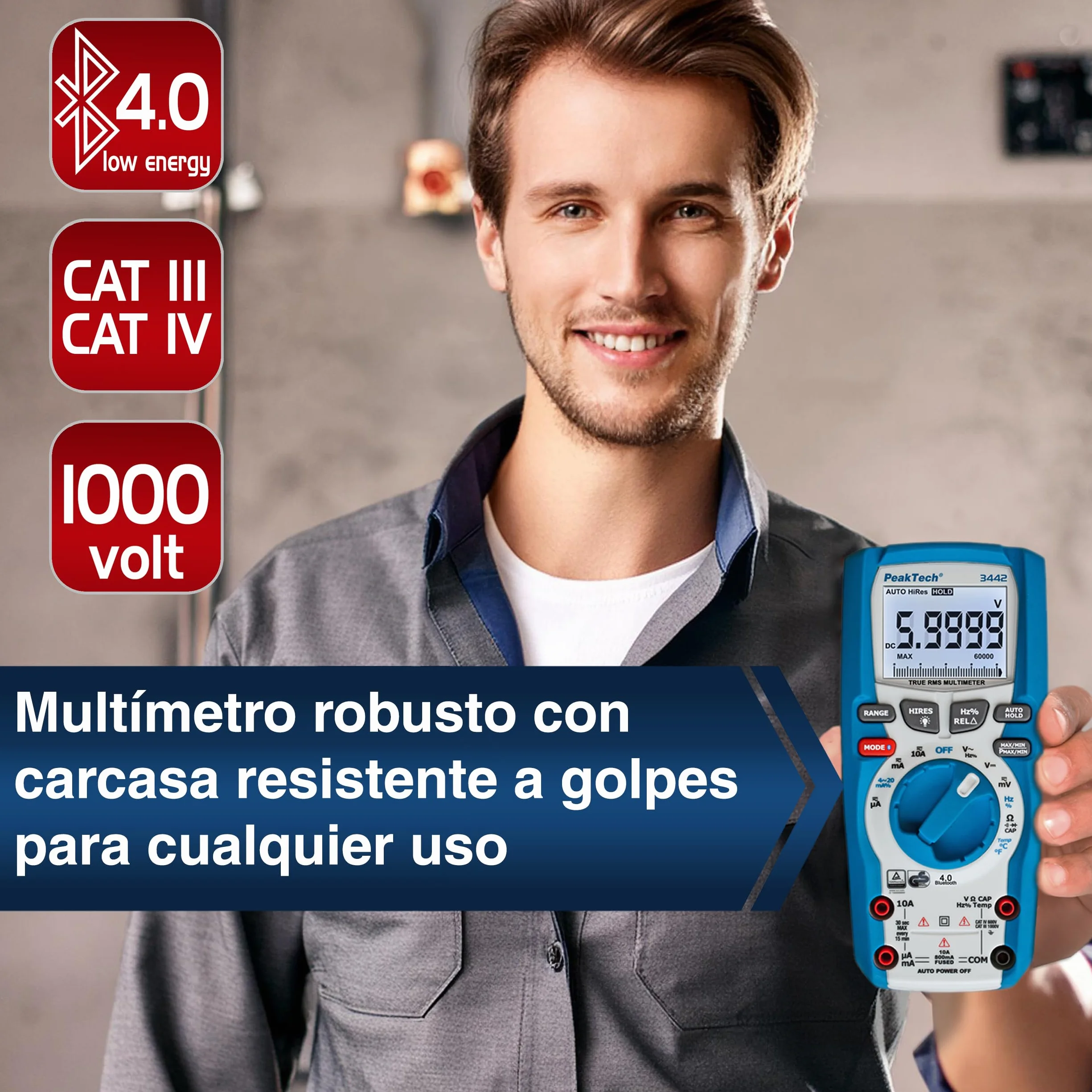 PeakTech 3442 - Multímetro Digital Rms con 60,000 Recuentos y Bluetooth 4.0, Multímetro Mano Profesional, Retención Automática, Tuv/Gs, Medidor Voltaje, Probador Continuidad - Cat III 1000V