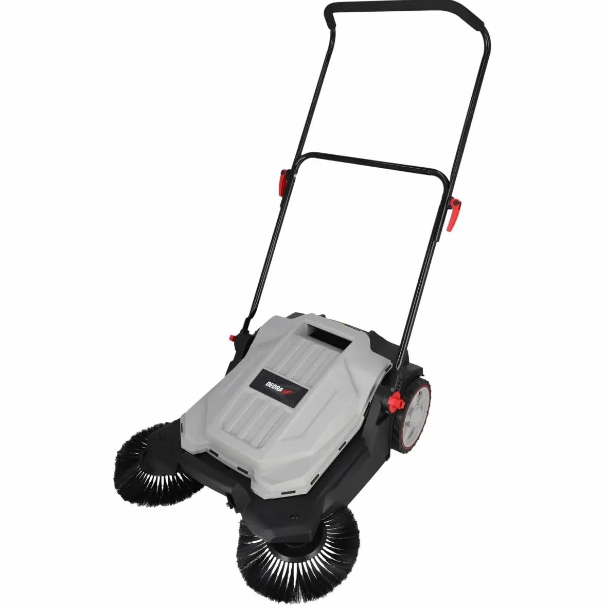 DEDRA Barredora de mano, 3 cepillos, 650 mm de ancho, depósito de 18 l, capacidad: 2600 m2/hora, manillar ajustable, ruedas resistentes, mango ergonómico