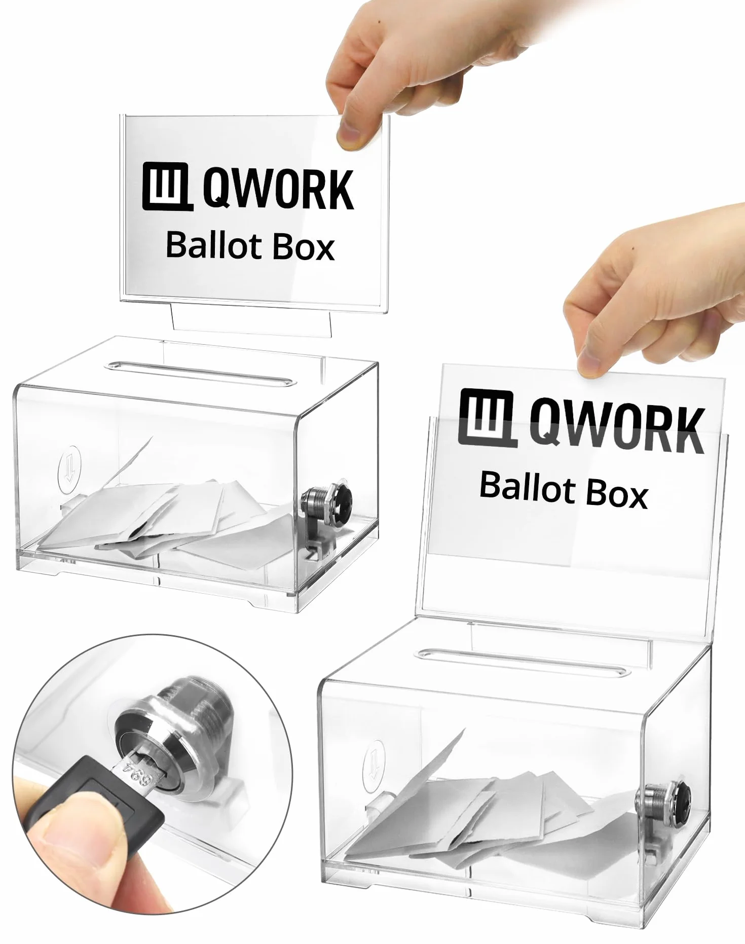 QWORK Caja de Acrílico Transparente con Cerradura, 16x12x10 cm, Urna de Votación