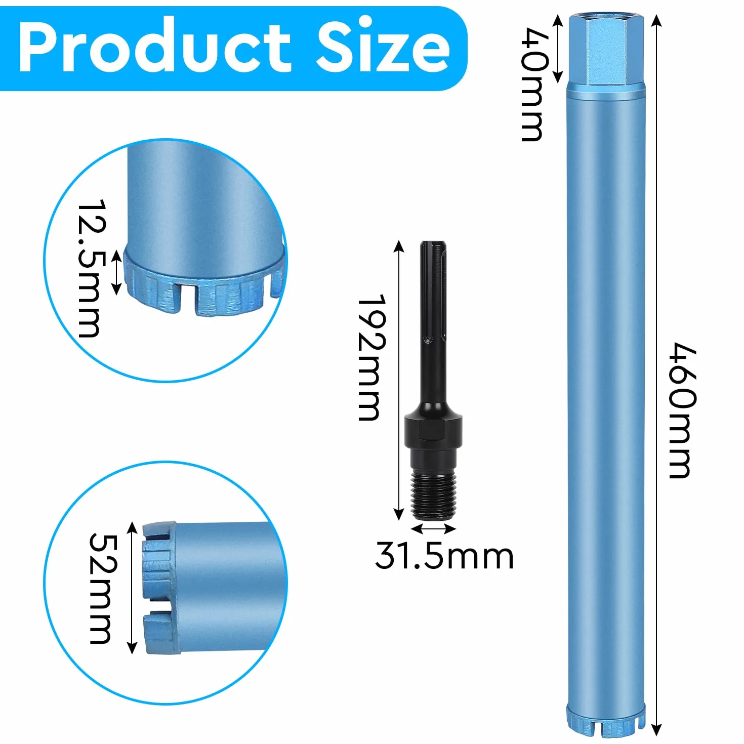 CPROSP Corona de Diamante para Hormigon Ø 52mm L 460mm, Broca con Adaptador SDS-MAX, Diamantina para Perforar en Hormigón, Hormigón Armado, Mampostería y Piedra