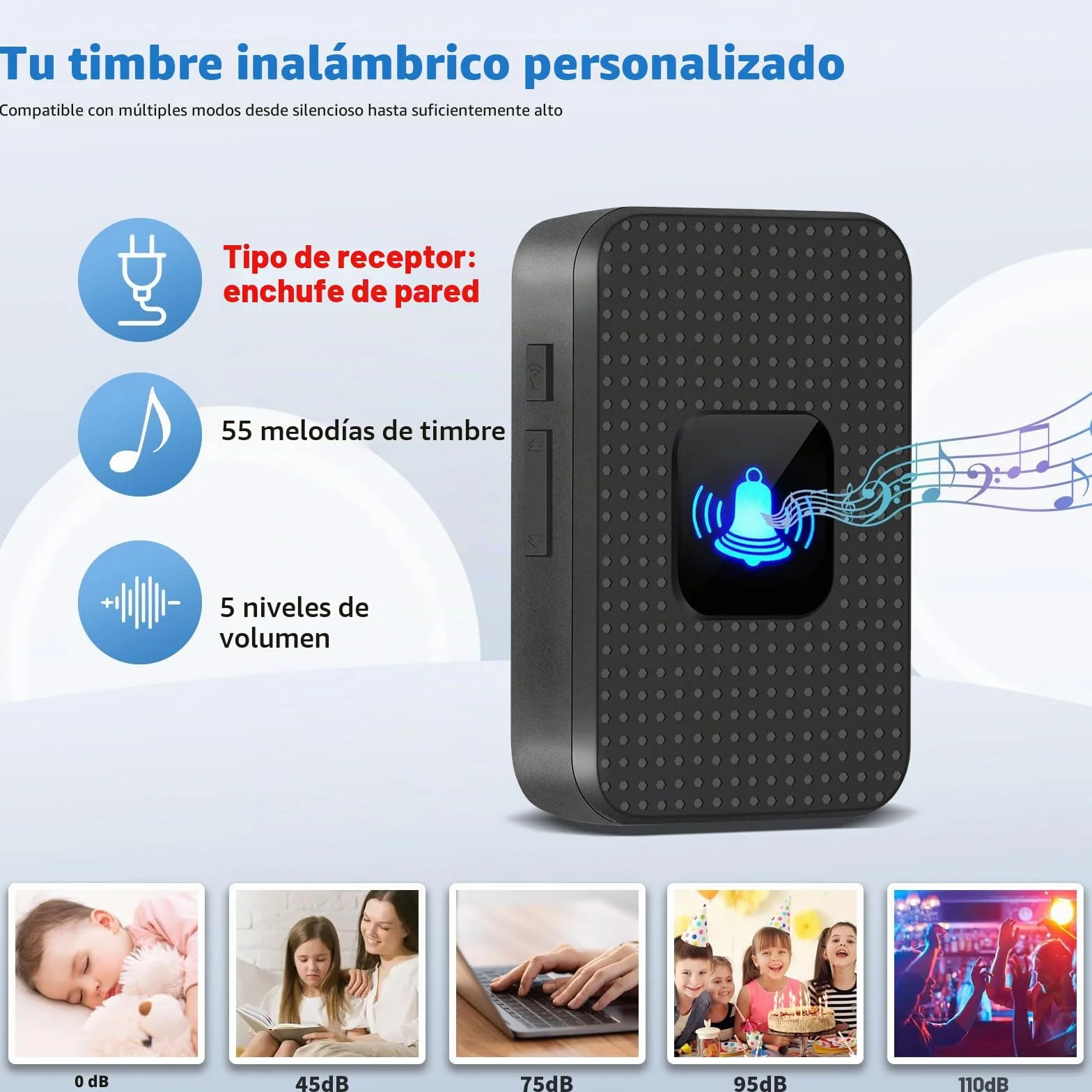 Nestling Timbre Inalámbrico, Kit Timbre Inalámbrico Exterior Impermeable IP55, Alcance 300m, 55 melodías, 5 Niveles de Volumen, LED Azul para Emergencias en el Hogar Oficina, Negro