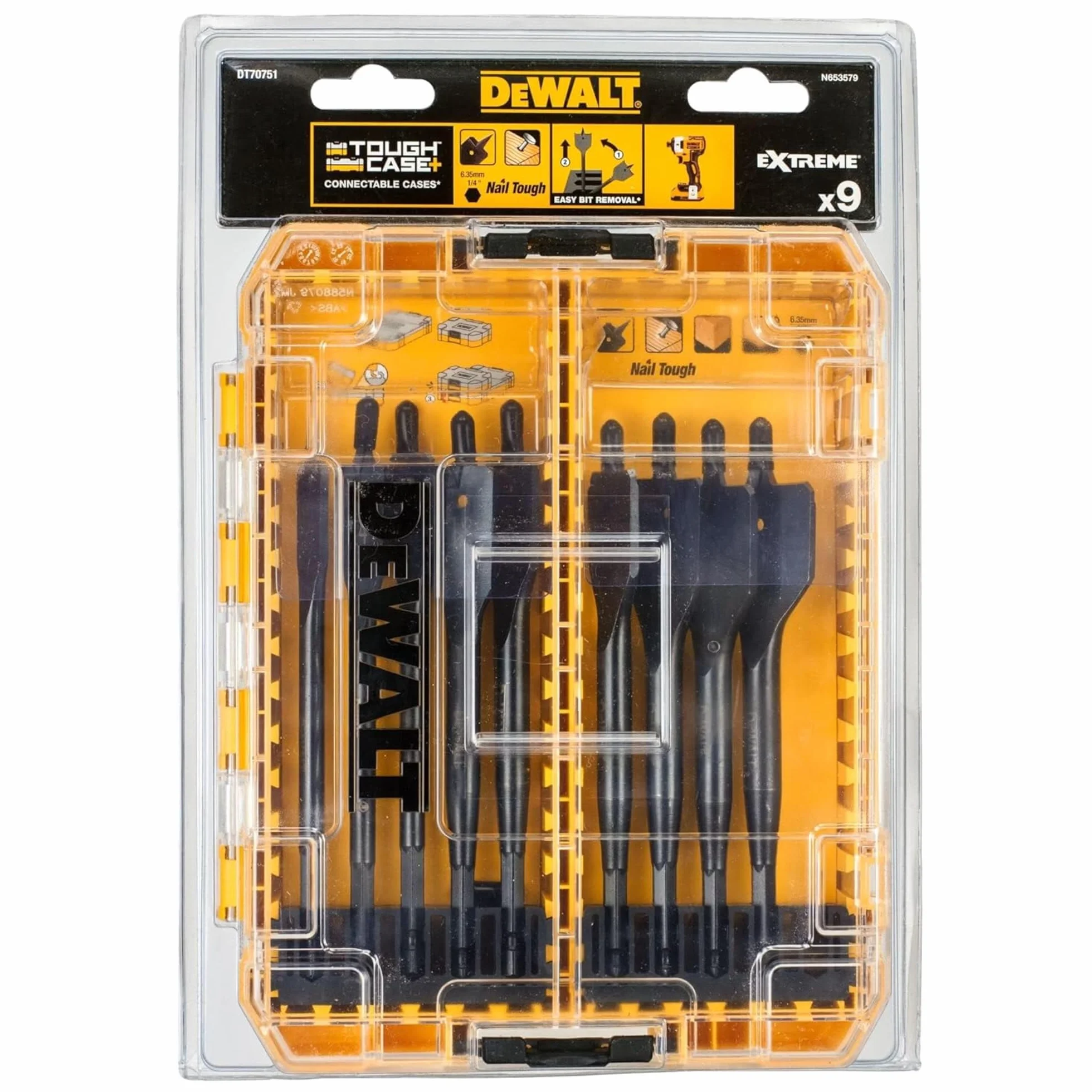 DeWalt DT70751-QZ DT70751-QZ-Tough Case Mediana con 9 Brocas de Pala para Madera. Ø 12, 14, 16, 18, 20, 22, 25, 28, 32 mm (Env. 9 Ud.)