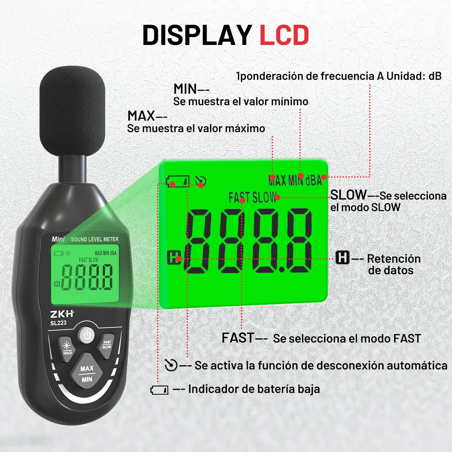 ZKH Sonometro Digital Portátil Rango 30-130dB Pantalla LCD Ponderación A Precisión ±1.5dB