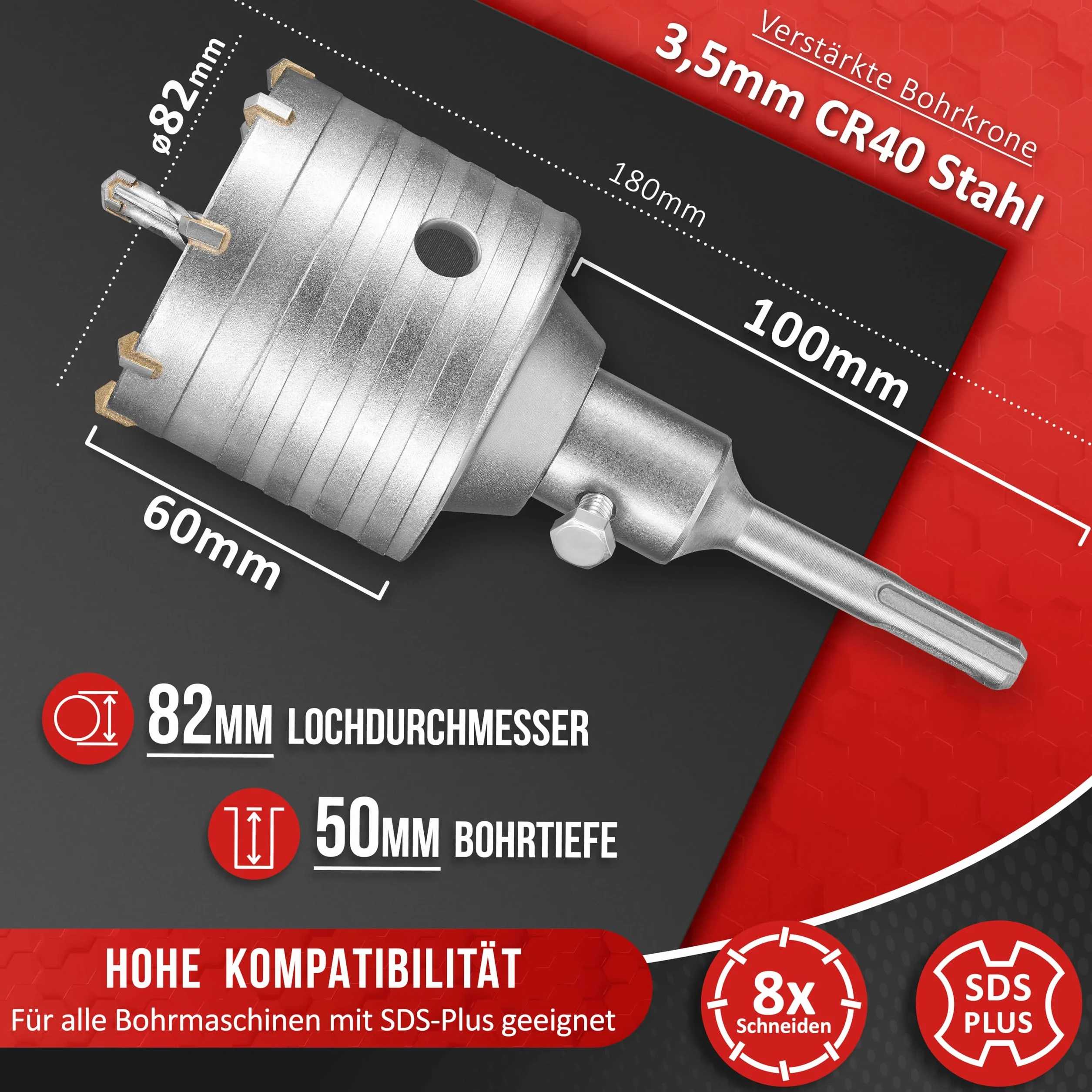 KSP-Tec ® Corona de perforación de 82 mm – Diseño reforzado – Resistente a los golpes – [dientes XXL] – 4 brocas de centrado – Broca de lata mm – Broca de perforación para mampostería y hormigón (82