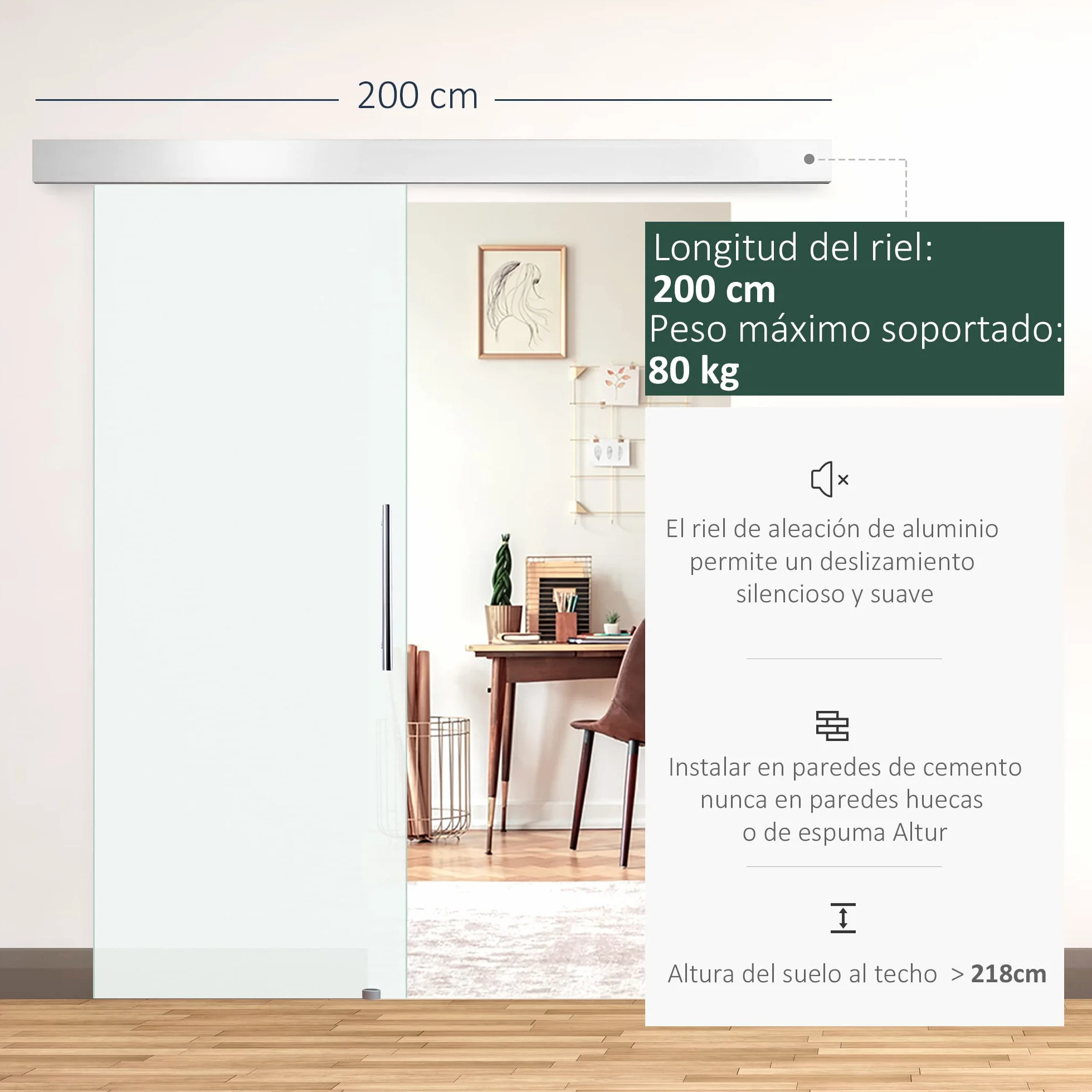 HOMCOM Puerta Corredera 90x205 cm Puerta Corrediza de Cristal con Riel Silenciosa para Sala de Estar Comedor Translúcido