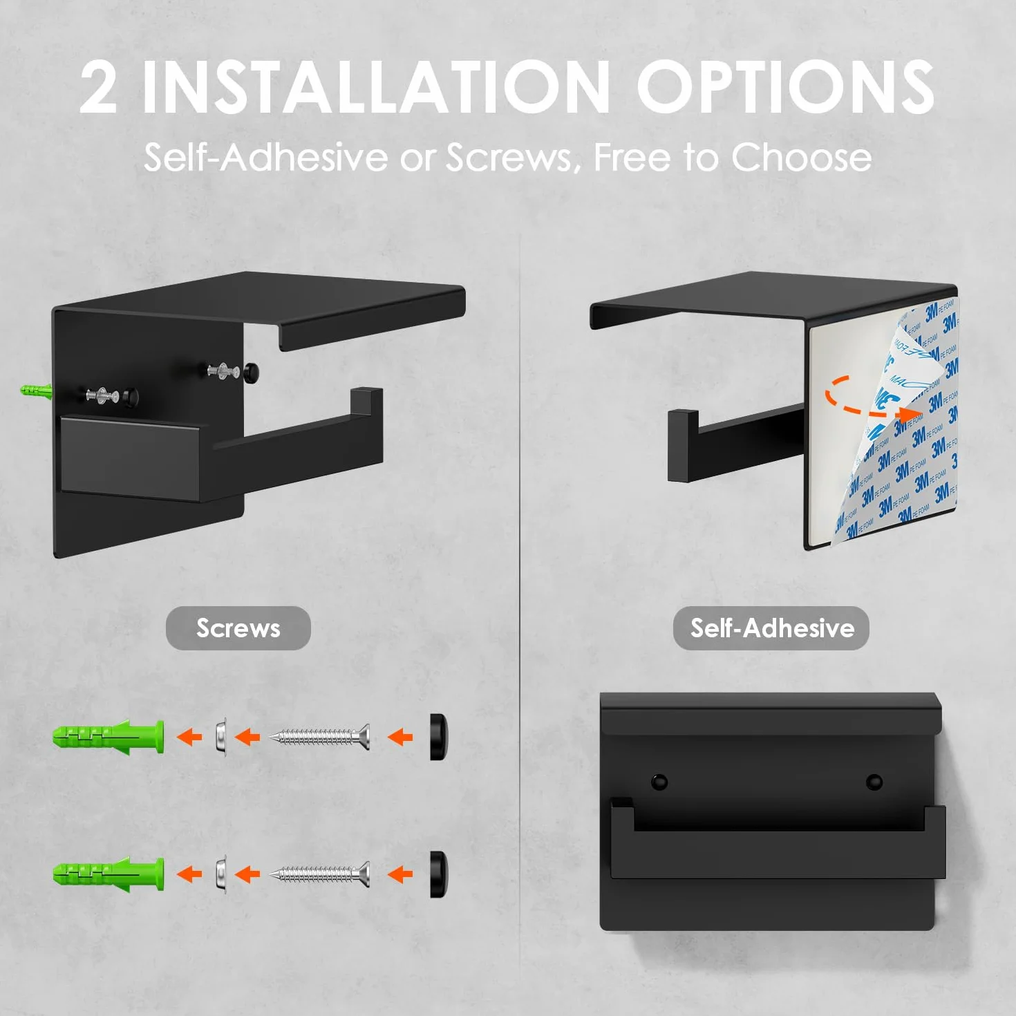 Auxmir Portarrollos Papel Higienico, Portarrollos Baño Adhesivo, Acero Inoxidable, Porta Rollos de Papel Higienico con Estante de Almacenamiento, Soporte Papel Higienico para Cocina, Baño, Negro