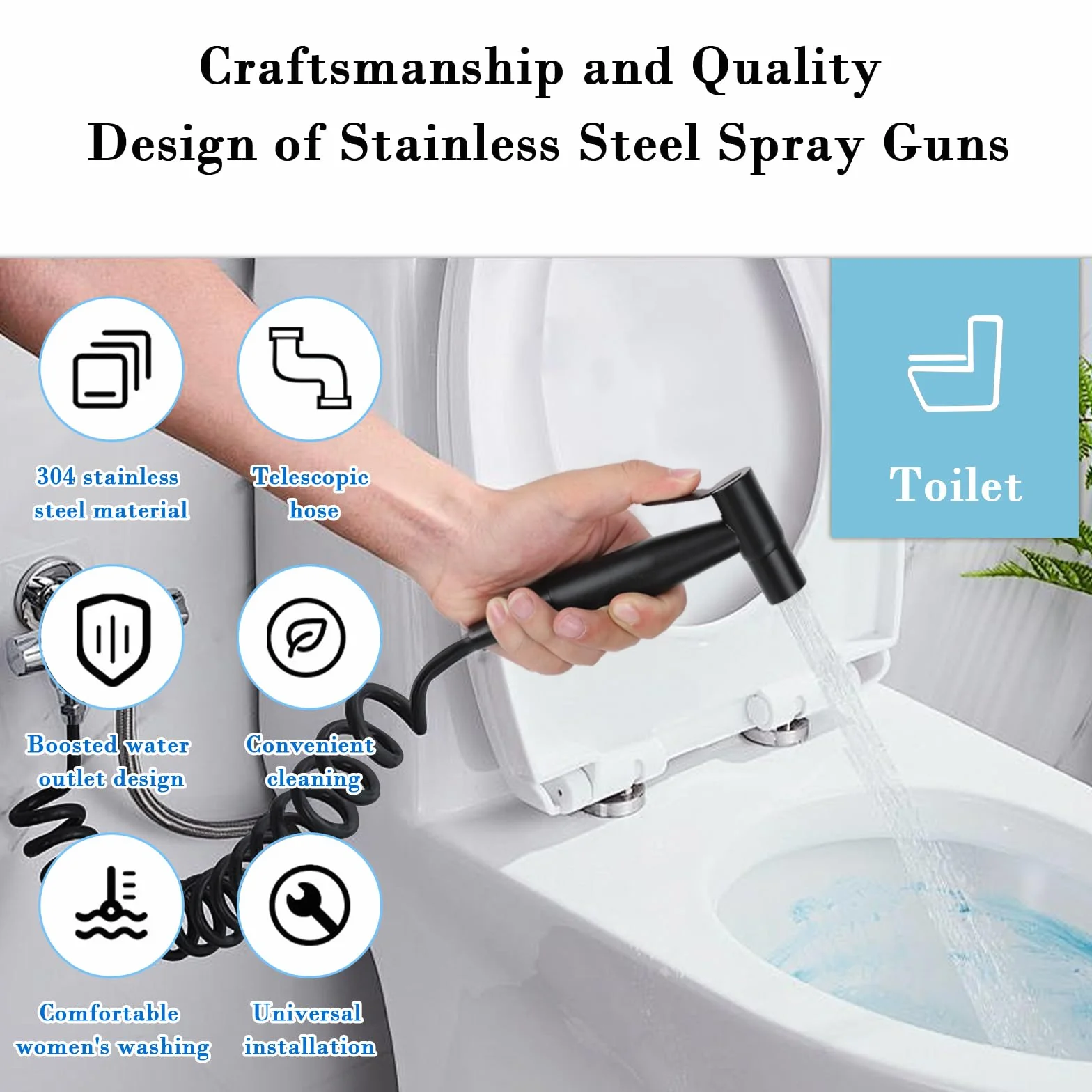 Grifo de Bidet con Manguera 2m, Cabezal de Ducha WC, Kit de Rociador de Mano de Acero Inoxidable Negro