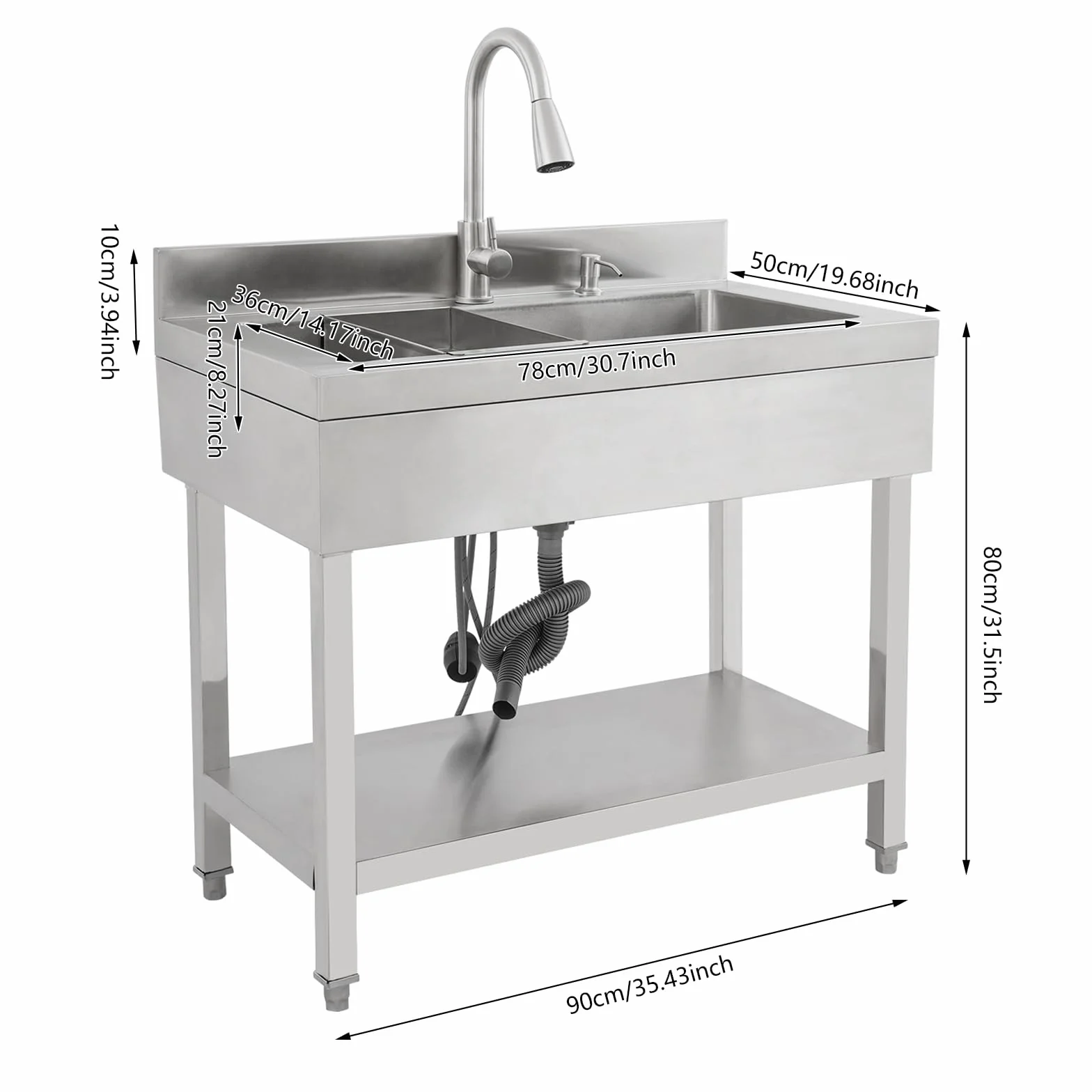 Lavando de acero inoxidable independiente, fregadero individual de cocina rectangular con pedestal, fregadero móvil para cocina, garaje, exterior(90x50x80 cm)