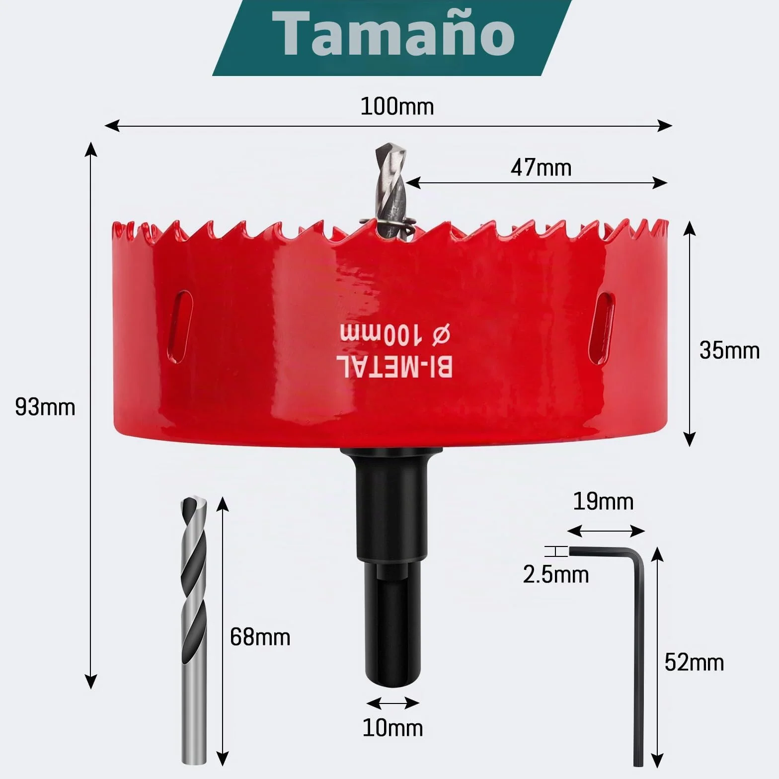 Sierras de Corona 100mm, M42 HSS Bi-Metal Corona Taladro con Adaptador Hexagonal y Taladro, Corona Metal para Pladur Madera Plástico, 1 pieza Rojo