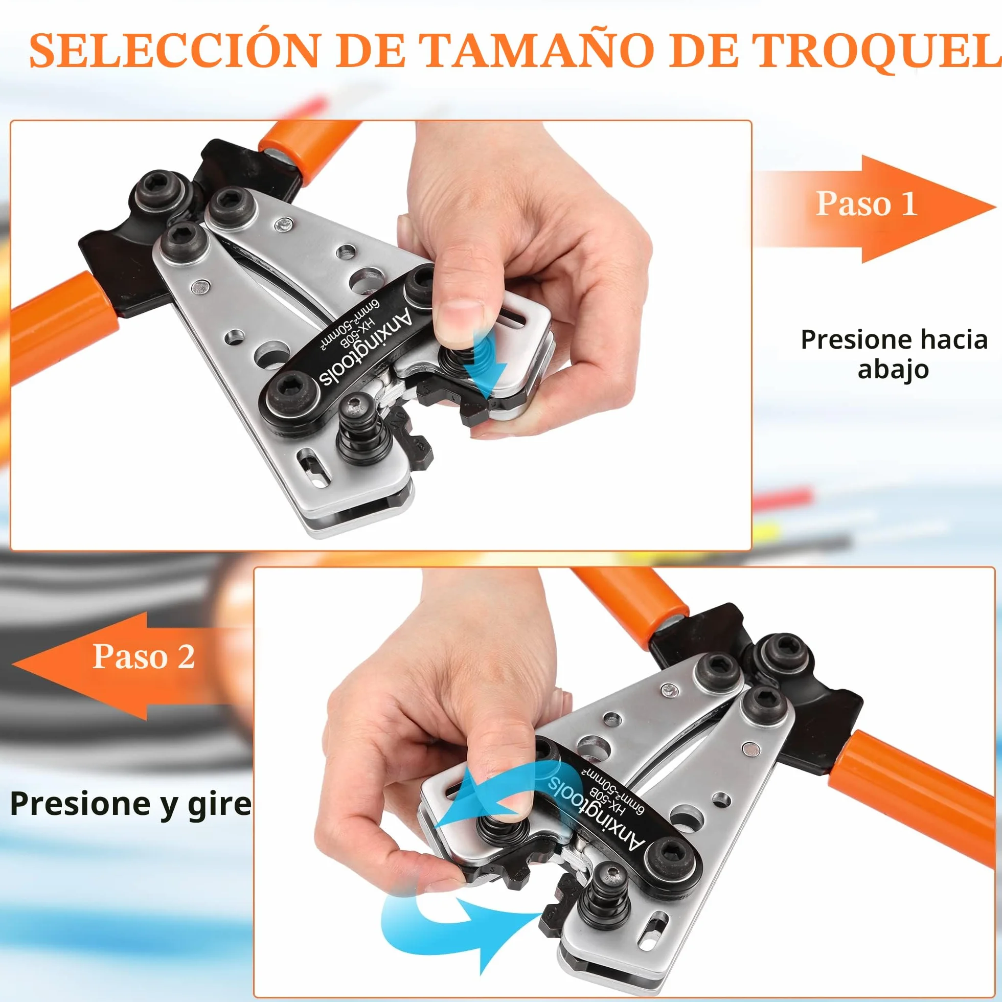 Herramienta de crimpado de cable de batería para terminales de anillo de cobre de batería de 6/10/16/25/35/50 mm², crimpadora resistente para terminales de cable (HX50B crimper+terminals)