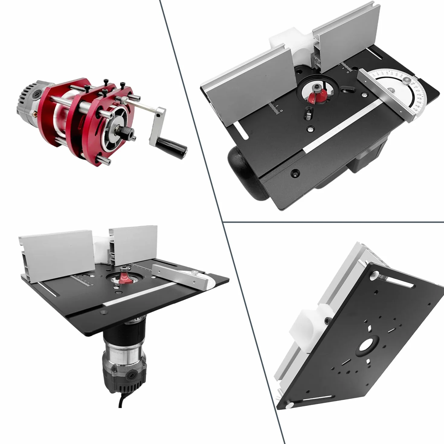 Mesa Fresadora para Madera de Aleación de Aluminio, Placa Fresadora Router Table,Negro Placa de Inserción de Mesa + Rojo Base, Adecuado para Mesas Fresadoras con un Diámetro de Motor de 64-66 mm