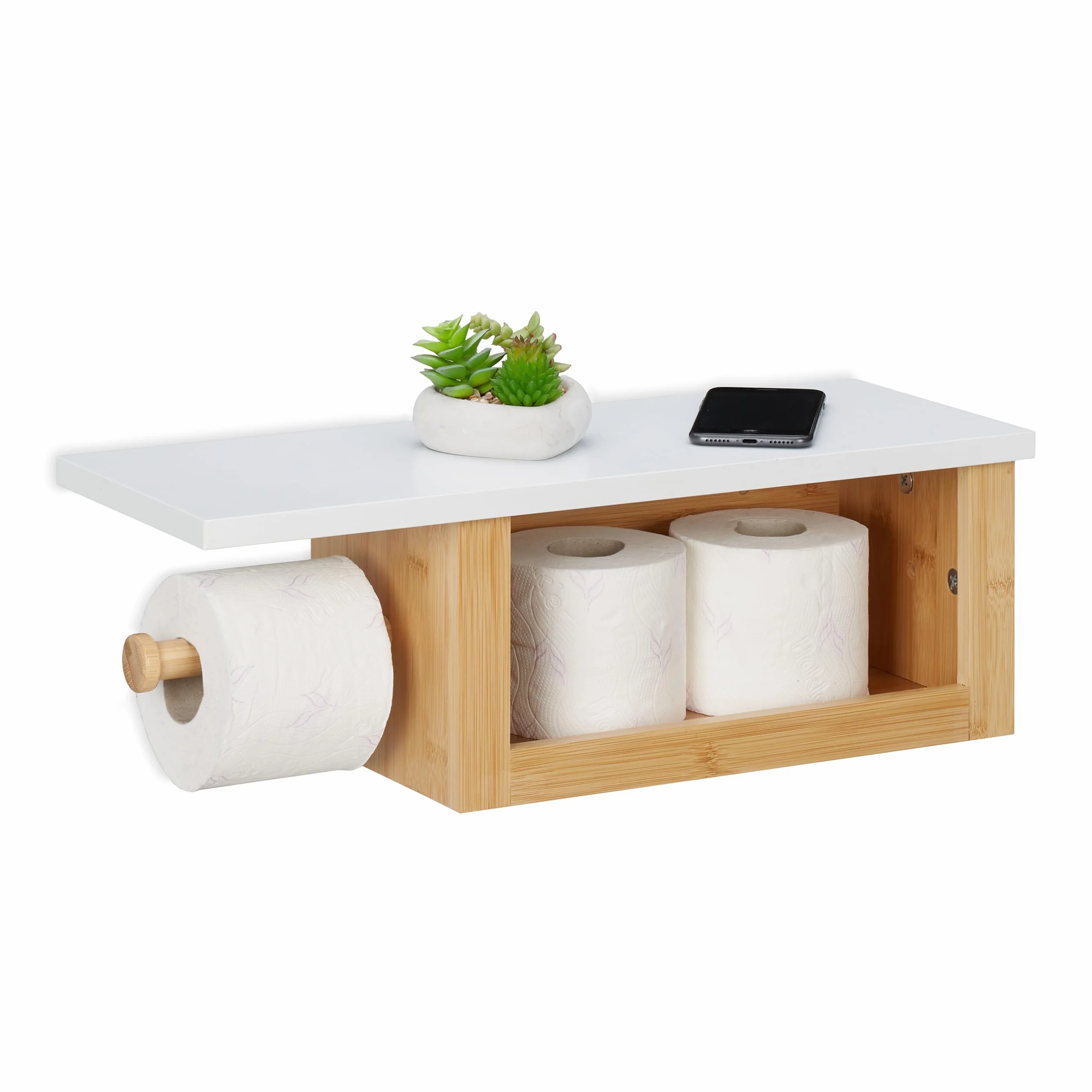 Relaxdays Portarrollos Baño Repisa, Dispensador Rollo Bambú, Compartimento Abierto, 17x50x18 cm, Pared, Natural y Blanco